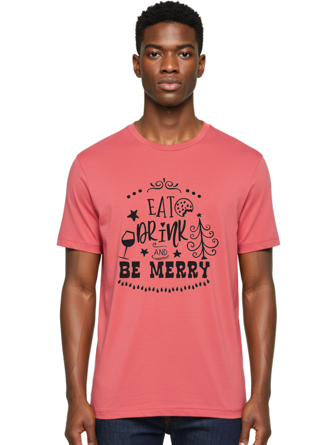 Eat-Drink-And-Be-Merry Men'S Graphic Tee, 100% Cotton, Comfortable Casual Summer Wear, Machine Washable, Holiday Cheer, Festive Vibes, Christmas Celebration, Wine Glass, Cookie, Christmas Tree, Stars, Festive Typography, Joyful Message, Aac679 24