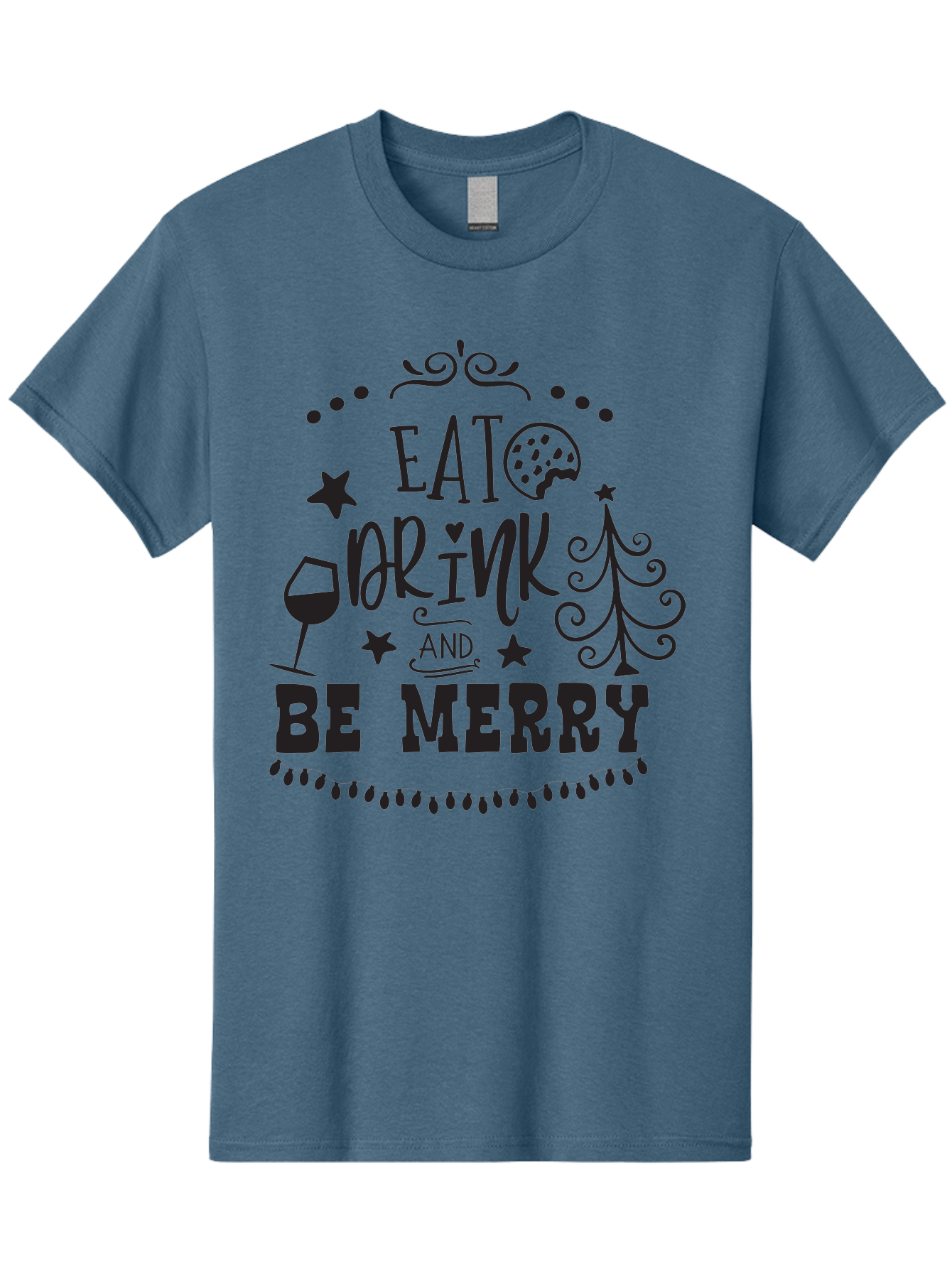 Eat-Drink-And-Be-Merry Men'S Graphic Tee, 100% Cotton, Comfortable Casual Summer Wear, Machine Washable, Holiday Cheer, Festive Vibes, Christmas Celebration, Wine Glass, Cookie, Christmas Tree, Stars, Festive Typography, Joyful Message, Aac679 21