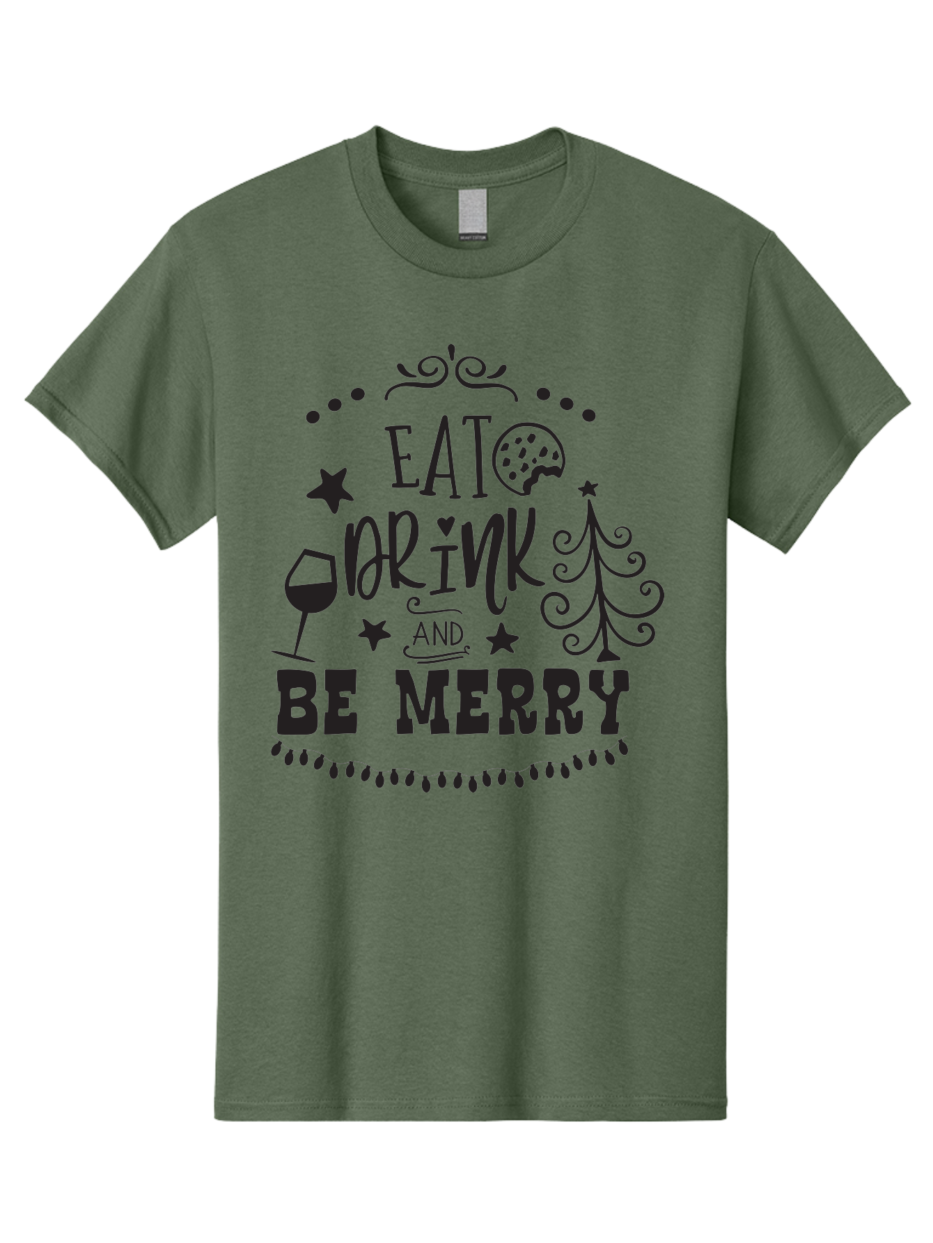 Eat-Drink-And-Be-Merry Men'S Graphic Tee, 100% Cotton, Comfortable Casual Summer Wear, Machine Washable, Holiday Cheer, Festive Vibes, Christmas Celebration, Wine Glass, Cookie, Christmas Tree, Stars, Festive Typography, Joyful Message, Aac679 11