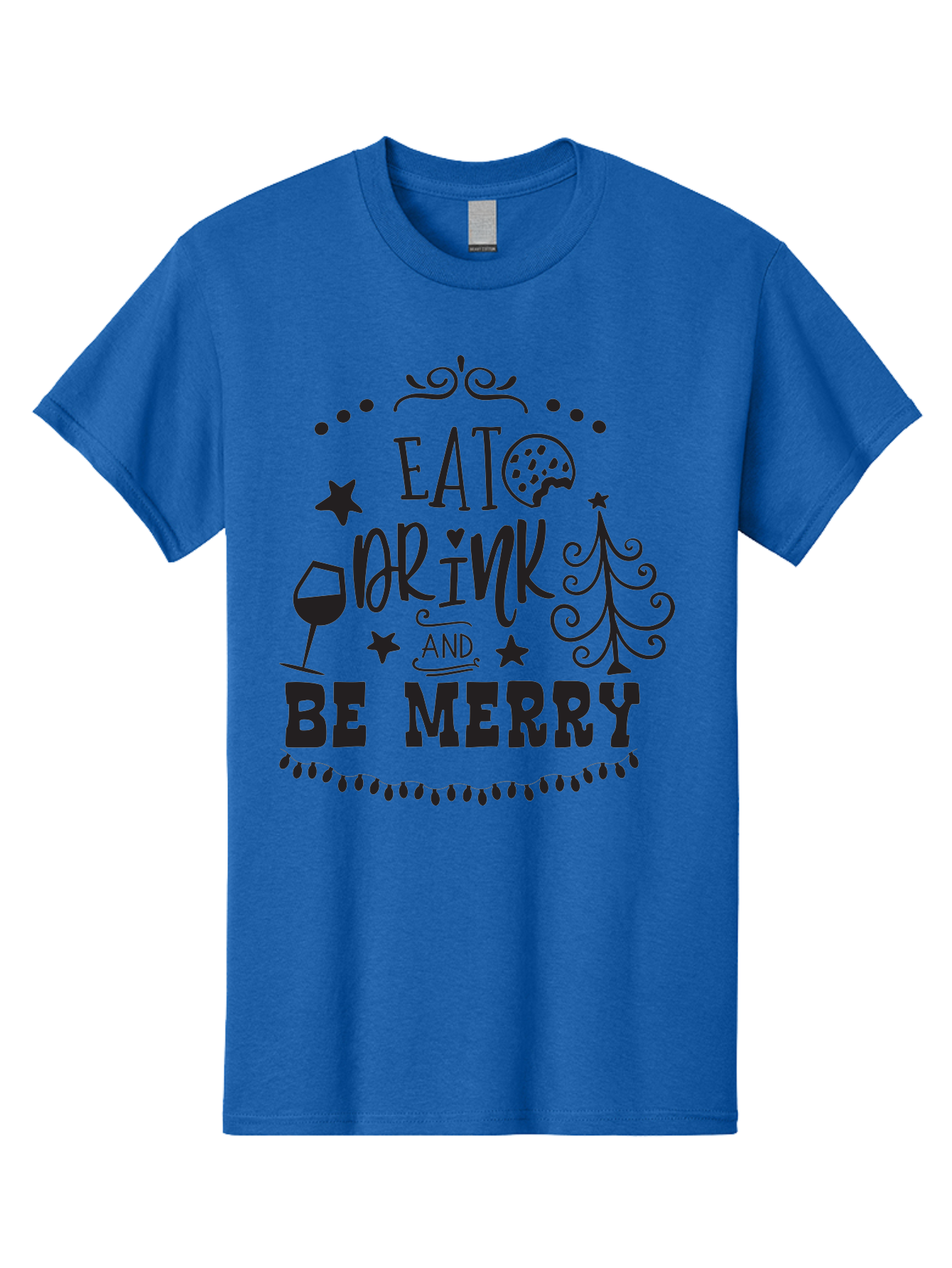 Eat-Drink-And-Be-Merry Men'S Graphic Tee, 100% Cotton, Comfortable Casual Summer Wear, Machine Washable, Holiday Cheer, Festive Vibes, Christmas Celebration, Wine Glass, Cookie, Christmas Tree, Stars, Festive Typography, Joyful Message, Aac679 3