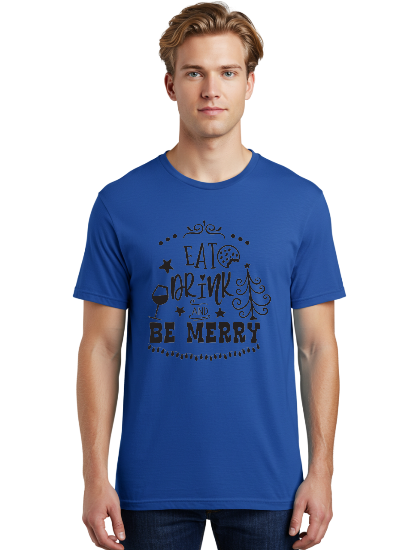 Eat-Drink-And-Be-Merry Men'S Graphic Tee, 100% Cotton, Comfortable Casual Summer Wear, Machine Washable, Holiday Cheer, Festive Vibes, Christmas Celebration, Wine Glass, Cookie, Christmas Tree, Stars, Festive Typography, Joyful Message, Aac679 4