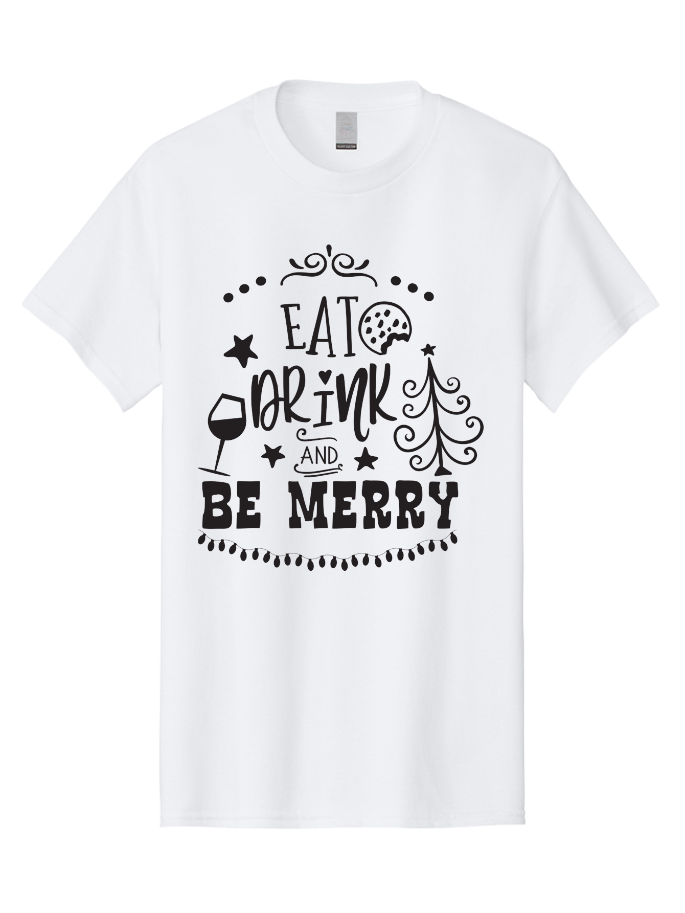 Eat-Drink-And-Be-Merry Men'S Graphic Tee, 100% Cotton, Comfortable Casual Summer Wear, Machine Washable, Holiday Cheer, Festive Vibes, Christmas Celebration, Wine Glass, Cookie, Christmas Tree, Stars, Festive Typography, Joyful Message, Aac679 15