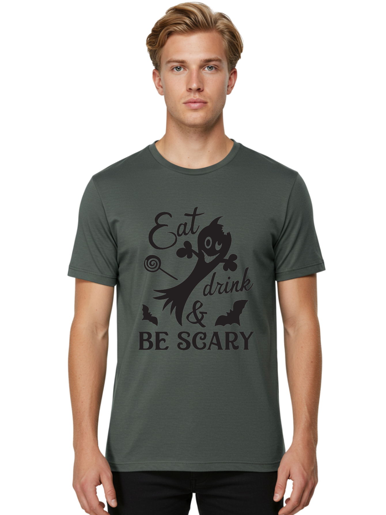 Eat-Drink-Be-Scary Men'S Graphic Tee, 100% Cotton, Comfortable Casual Summer Wear, Machine Washable, Halloween Design, Spooky T-Shirt, Halloween Quote, Eat Drink & Be Scary, Black Silhouette, Halloween Bats, Lollipop, Halloween Decorations, Aac680 2