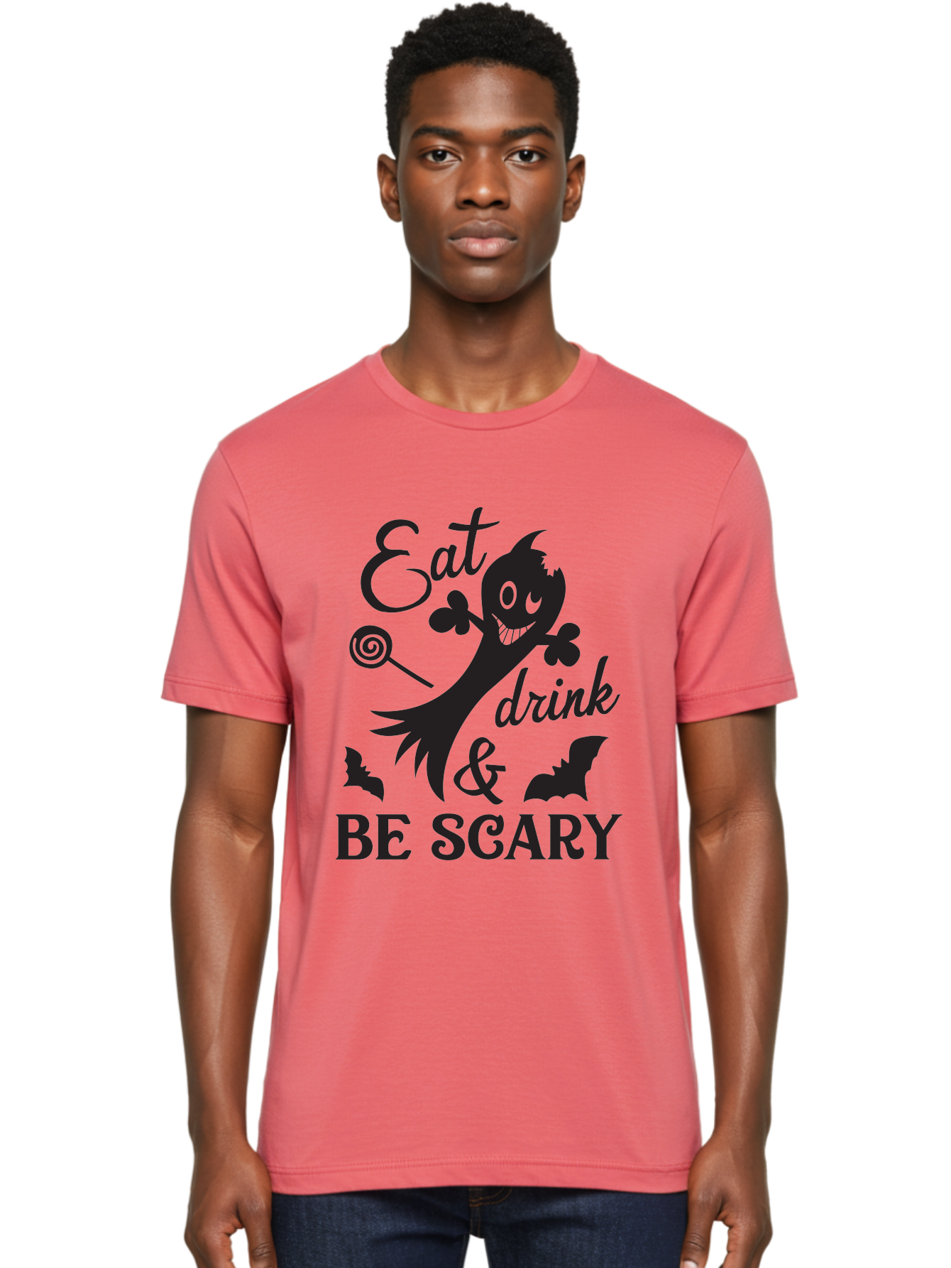 Eat-Drink-Be-Scary Men'S Graphic Tee, 100% Cotton, Comfortable Casual Summer Wear, Machine Washable, Halloween Design, Spooky T-Shirt, Halloween Quote, Eat Drink & Be Scary, Black Silhouette, Halloween Bats, Lollipop, Halloween Decorations, Aac680 8