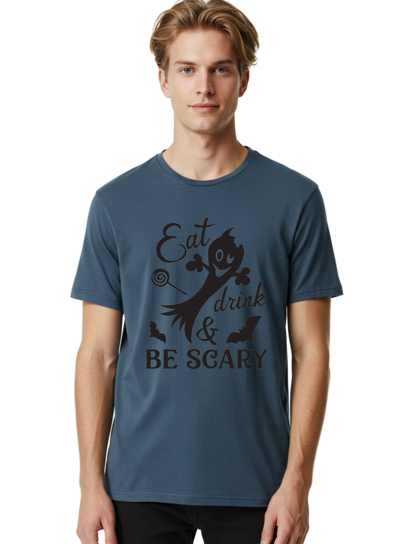 Eat-Drink-Be-Scary Men'S Graphic Tee, 100% Cotton, Comfortable Casual Summer Wear, Machine Washable, Halloween Design, Spooky T-Shirt, Halloween Quote, Eat Drink & Be Scary, Black Silhouette, Halloween Bats, Lollipop, Halloween Decorations, Aac680 18