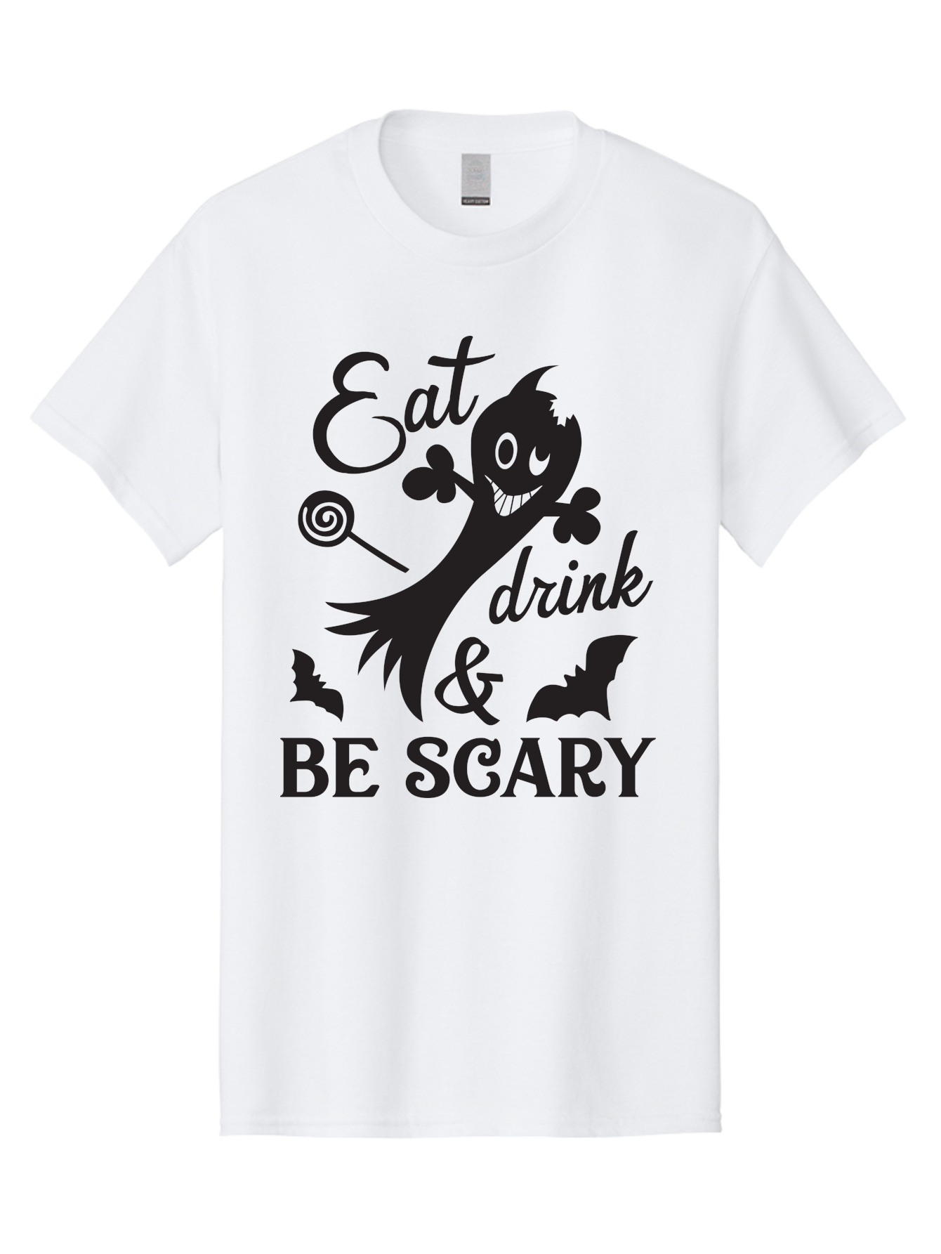 Eat-Drink-Be-Scary Men'S Graphic Tee, 100% Cotton, Comfortable Casual Summer Wear, Machine Washable, Halloween Design, Spooky T-Shirt, Halloween Quote, Eat Drink & Be Scary, Black Silhouette, Halloween Bats, Lollipop, Halloween Decorations, Aac680 23