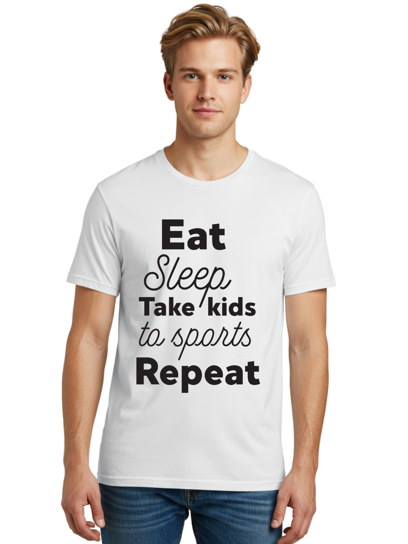Eat-Sleep-Take-Kids-To-Sports-Repeat Men'S Graphic Tee, 100% Cotton, Comfortable Casual Summer Wear, Machine Washable, Busy Parents, Parenting Life, Family Activities, Kids Sports, Daily Routine, Parenting Humor, Eat Sleep Repeat Aac682 4