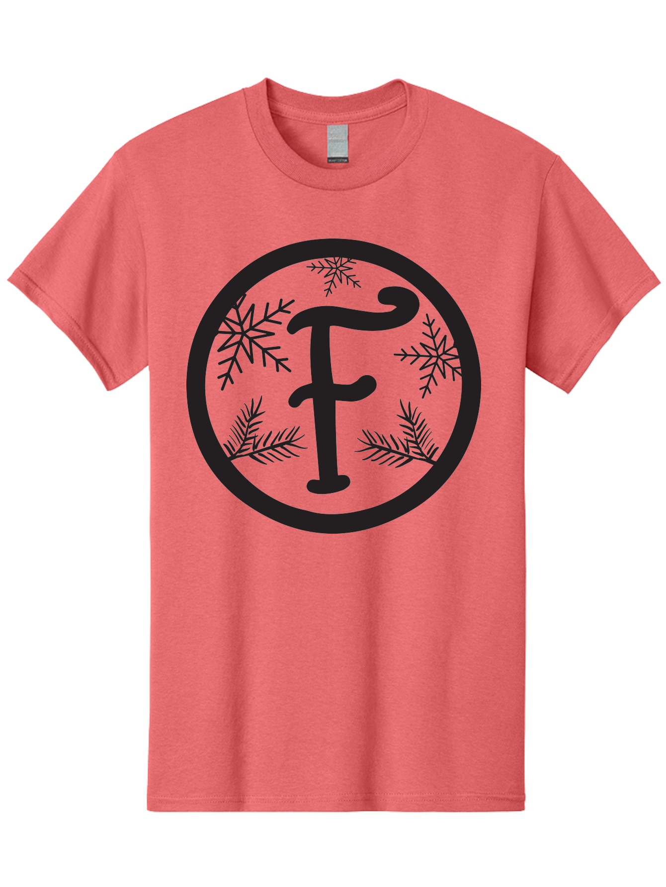F Men'S Graphic Tee, 100% Cotton, Comfortable Casual Summer Wear, Machine Washable, Black Letter F, Snowflakes, Pine Branches, Winter Theme, Festive Design, Elegant Typography, Circular Frame, Black And Green Color Scheme Aac700 25