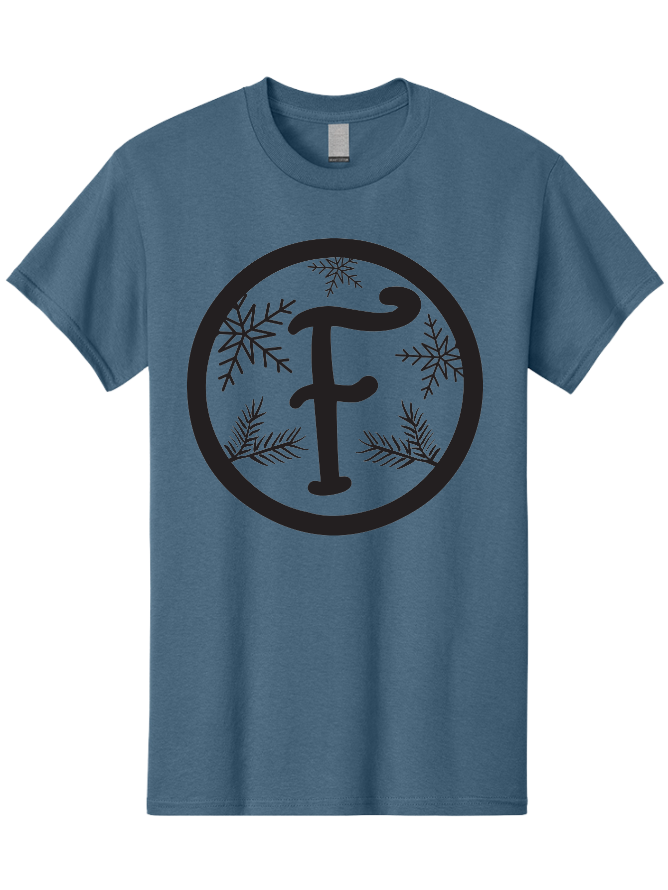 F Men'S Graphic Tee, 100% Cotton, Comfortable Casual Summer Wear, Machine Washable, Black Letter F, Snowflakes, Pine Branches, Winter Theme, Festive Design, Elegant Typography, Circular Frame, Black And Green Color Scheme Aac700 19