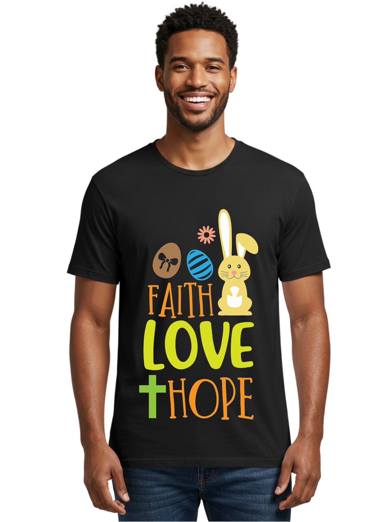 Faith-Love-Hope Men'S Graphic Tee, 100% Cotton, Comfortable Casual Summer Wear, Machine Washable, Easter Bunny, Faith Love Hope, Easter Eggs, Christian Symbolism, Inspirational Quote, Spring Theme, Pastel Colors, Holiday Design Aac703 26