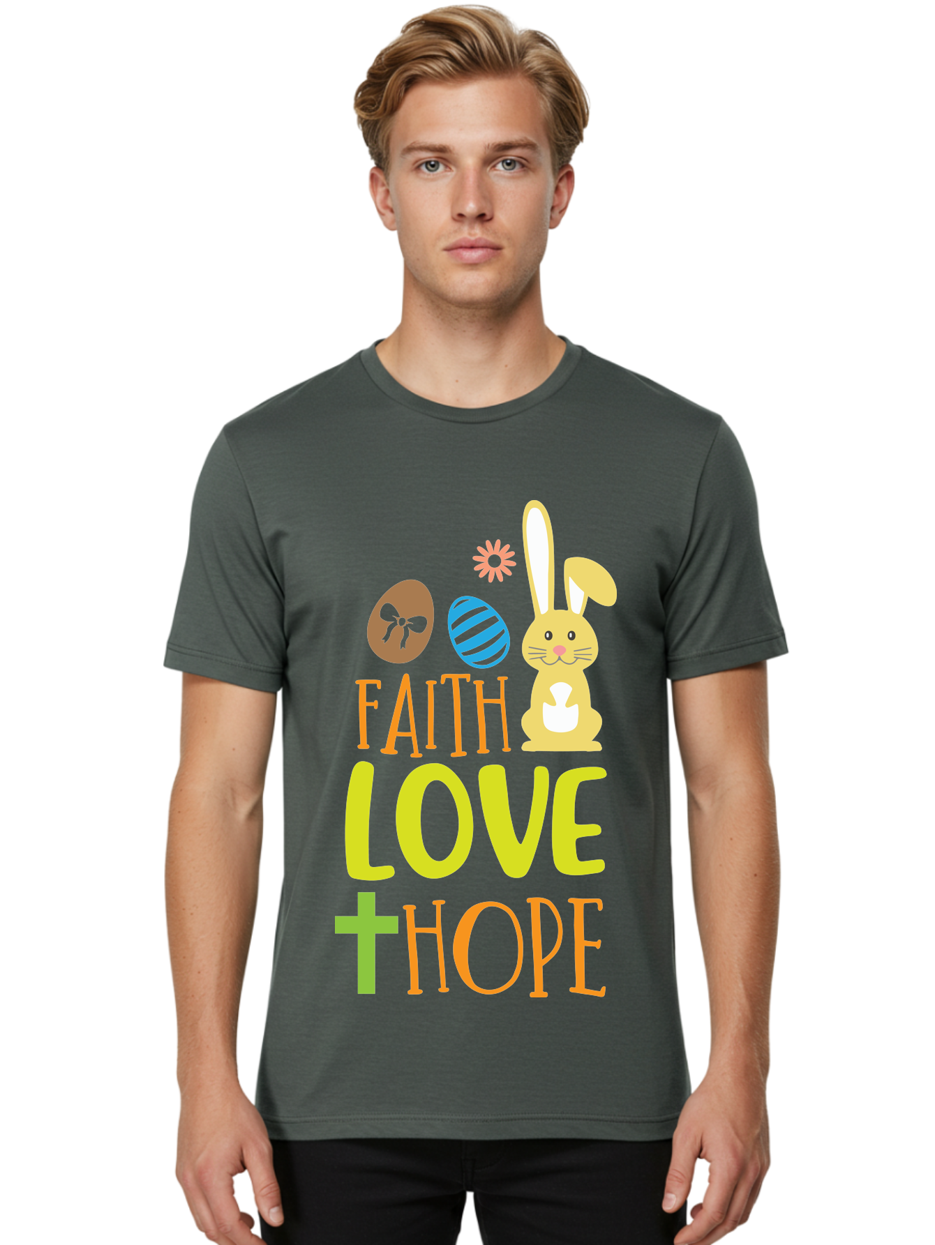 Faith-Love-Hope Men'S Graphic Tee, 100% Cotton, Comfortable Casual Summer Wear, Machine Washable, Easter Bunny, Faith Love Hope, Easter Eggs, Christian Symbolism, Inspirational Quote, Spring Theme, Pastel Colors, Holiday Design Aac703 30