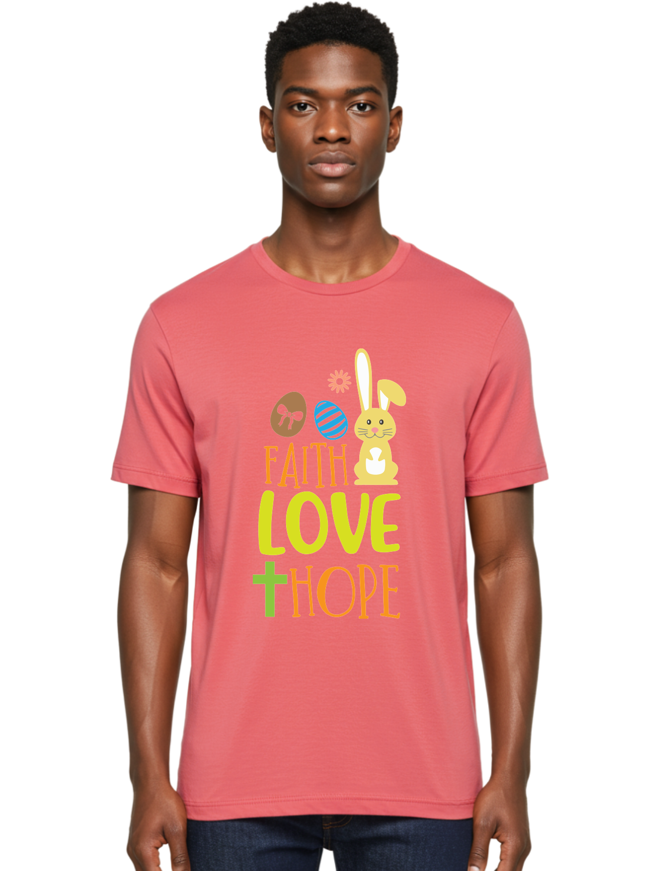Faith-Love-Hope Men'S Graphic Tee, 100% Cotton, Comfortable Casual Summer Wear, Machine Washable, Easter Bunny, Faith Love Hope, Easter Eggs, Christian Symbolism, Inspirational Quote, Spring Theme, Pastel Colors, Holiday Design Aac703 10