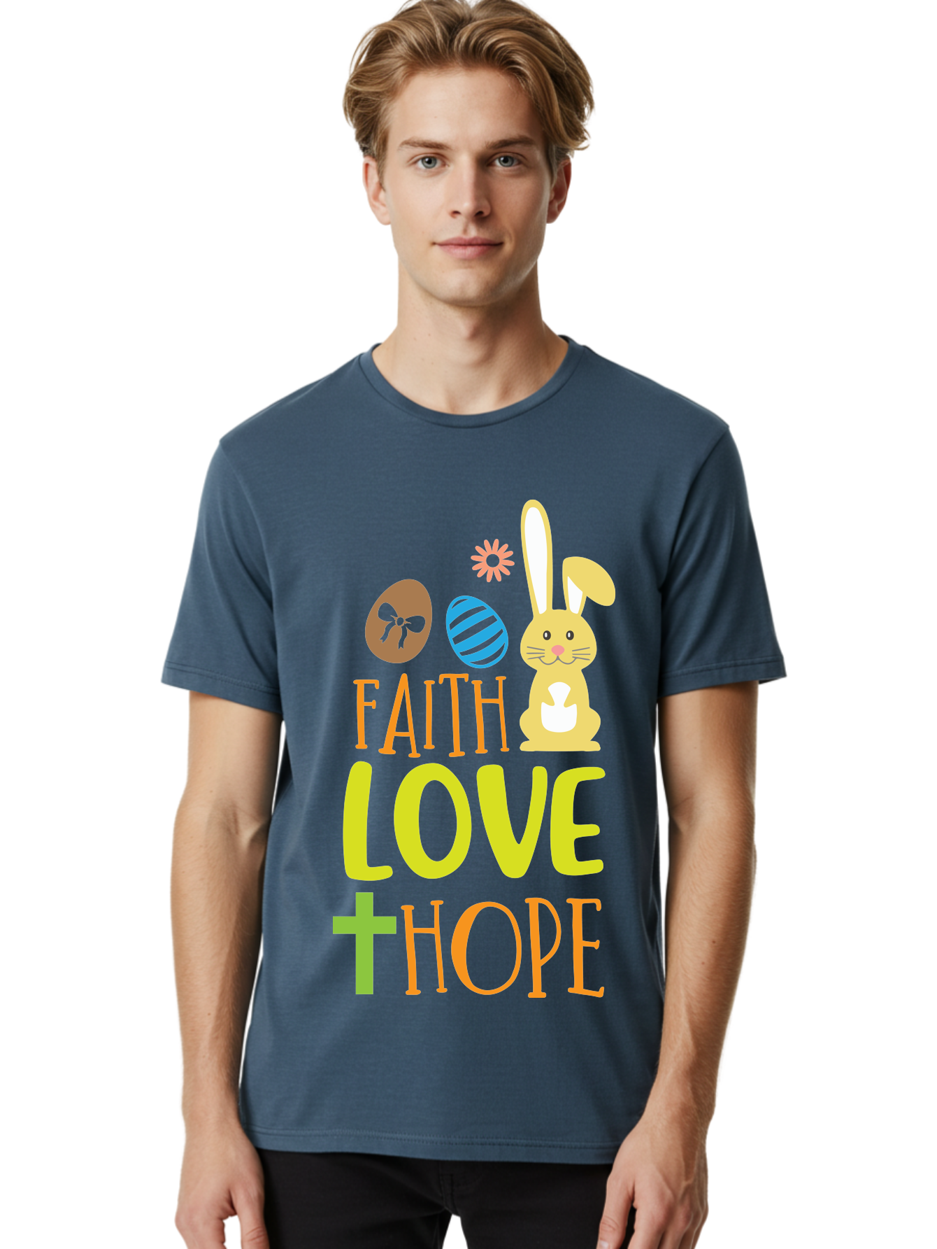 Faith-Love-Hope Men'S Graphic Tee, 100% Cotton, Comfortable Casual Summer Wear, Machine Washable, Easter Bunny, Faith Love Hope, Easter Eggs, Christian Symbolism, Inspirational Quote, Spring Theme, Pastel Colors, Holiday Design Aac703 20