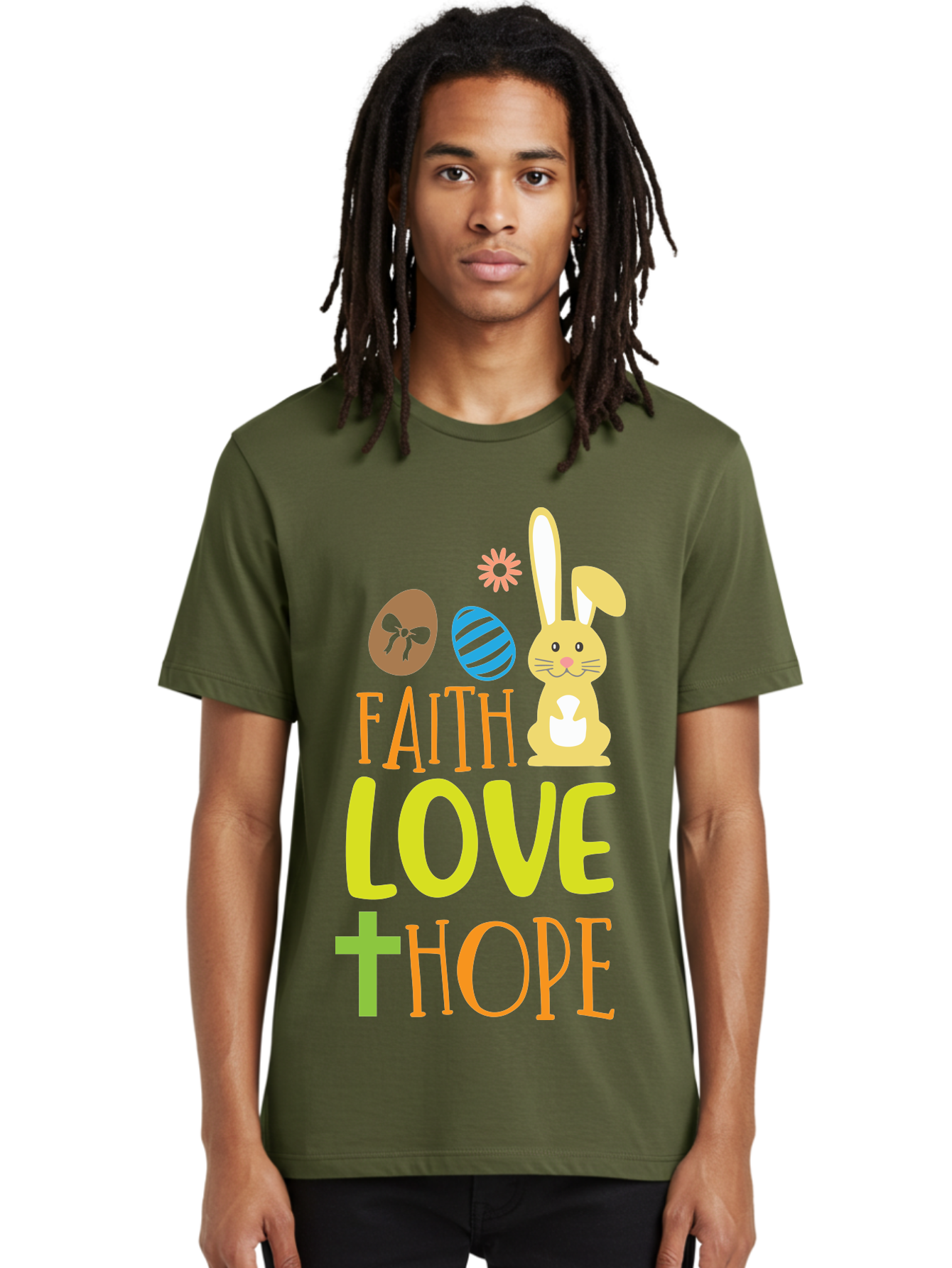 Faith-Love-Hope Men'S Graphic Tee, 100% Cotton, Comfortable Casual Summer Wear, Machine Washable, Easter Bunny, Faith Love Hope, Easter Eggs, Christian Symbolism, Inspirational Quote, Spring Theme, Pastel Colors, Holiday Design Aac703 24