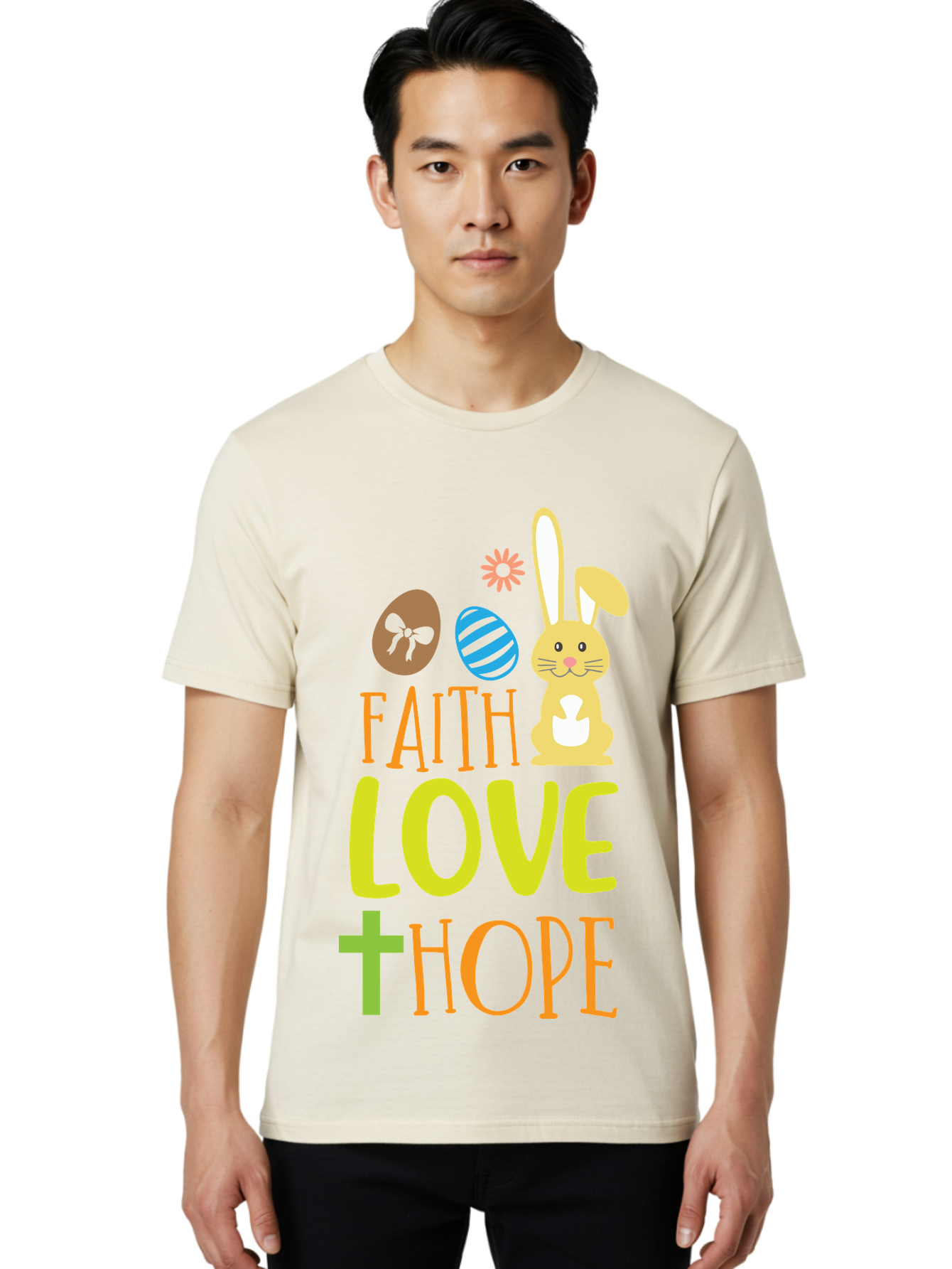 Faith-Love-Hope Men'S Graphic Tee, 100% Cotton, Comfortable Casual Summer Wear, Machine Washable, Easter Bunny, Faith Love Hope, Easter Eggs, Christian Symbolism, Inspirational Quote, Spring Theme, Pastel Colors, Holiday Design Aac703 4