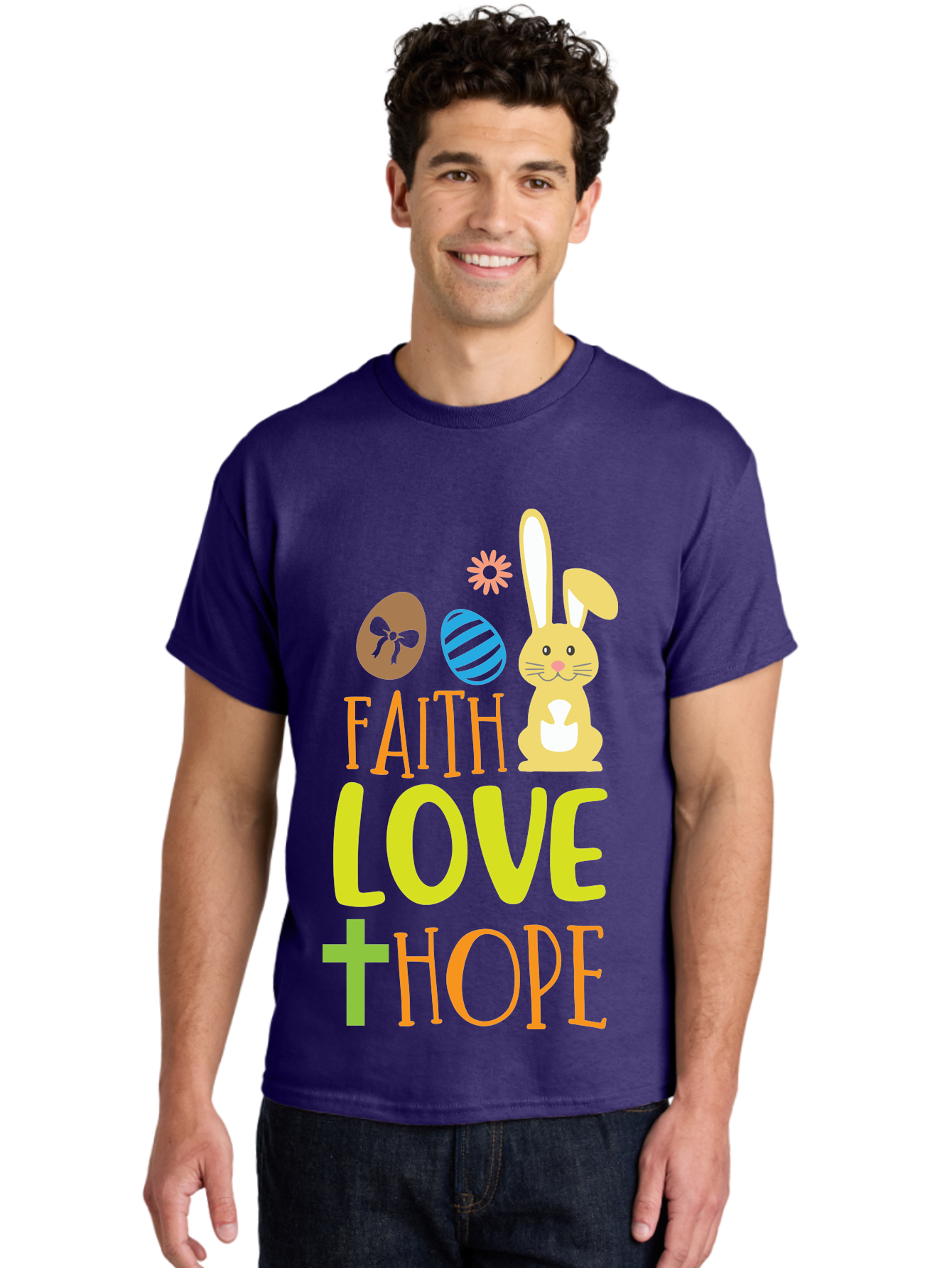Faith-Love-Hope Men'S Graphic Tee, 100% Cotton, Comfortable Casual Summer Wear, Machine Washable, Easter Bunny, Faith Love Hope, Easter Eggs, Christian Symbolism, Inspirational Quote, Spring Theme, Pastel Colors, Holiday Design Aac703 6