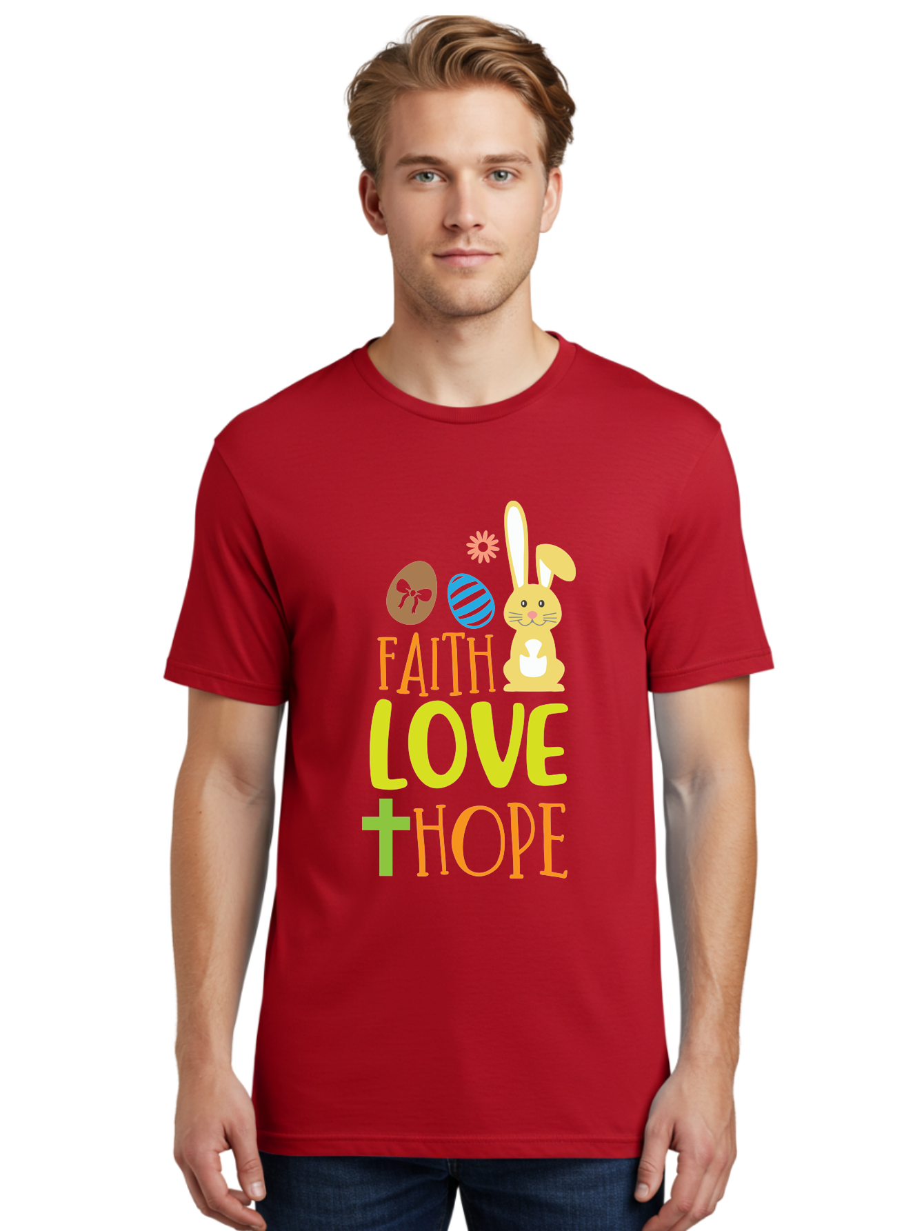 Faith-Love-Hope Men'S Graphic Tee, 100% Cotton, Comfortable Casual Summer Wear, Machine Washable, Easter Bunny, Faith Love Hope, Easter Eggs, Christian Symbolism, Inspirational Quote, Spring Theme, Pastel Colors, Holiday Design Aac703 18