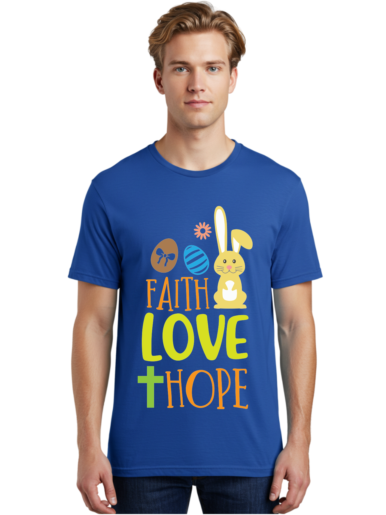 Faith-Love-Hope Men'S Graphic Tee, 100% Cotton, Comfortable Casual Summer Wear, Machine Washable, Easter Bunny, Faith Love Hope, Easter Eggs, Christian Symbolism, Inspirational Quote, Spring Theme, Pastel Colors, Holiday Design Aac703 12