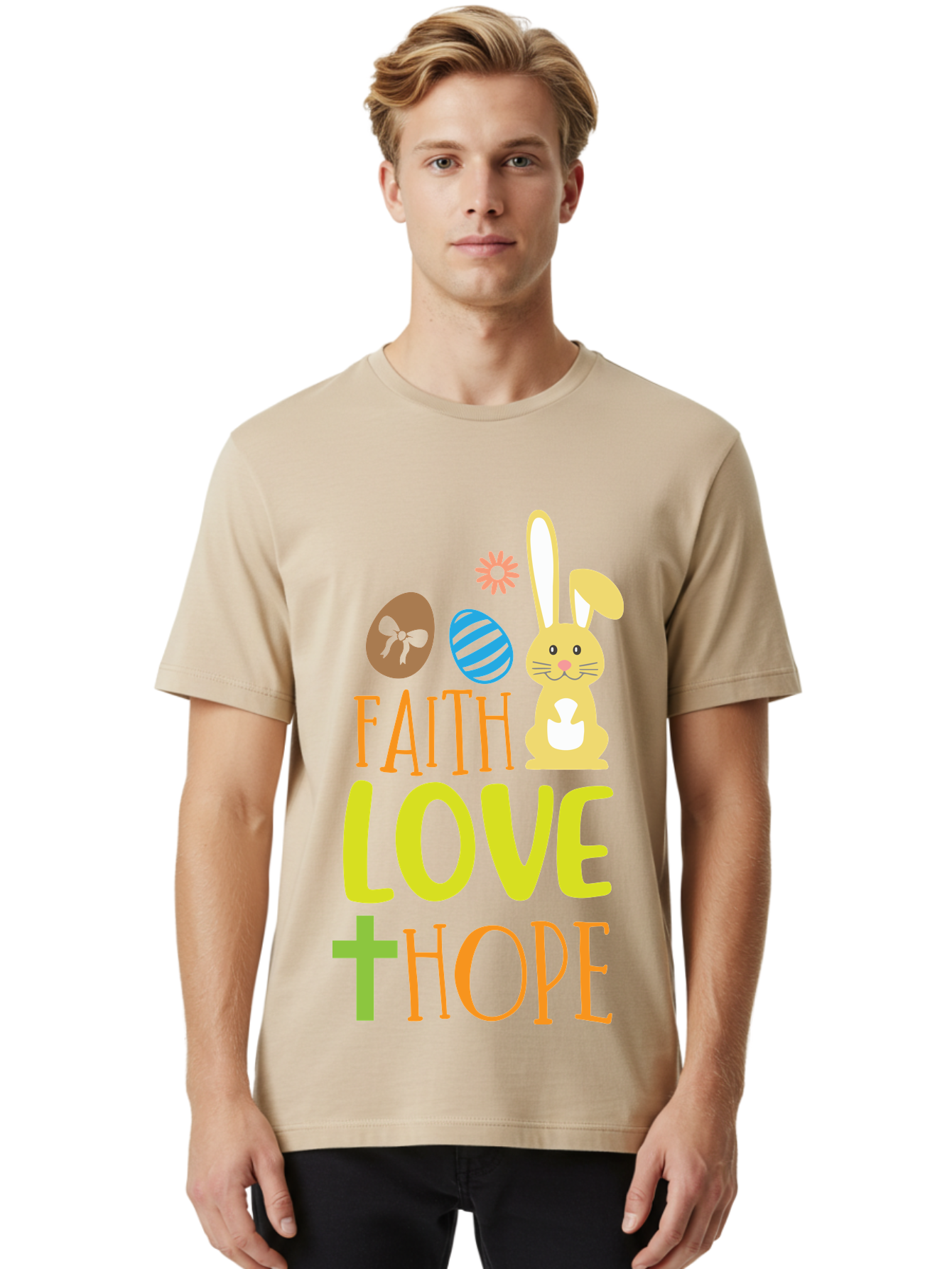 Faith-Love-Hope Men'S Graphic Tee, 100% Cotton, Comfortable Casual Summer Wear, Machine Washable, Easter Bunny, Faith Love Hope, Easter Eggs, Christian Symbolism, Inspirational Quote, Spring Theme, Pastel Colors, Holiday Design Aac703 28