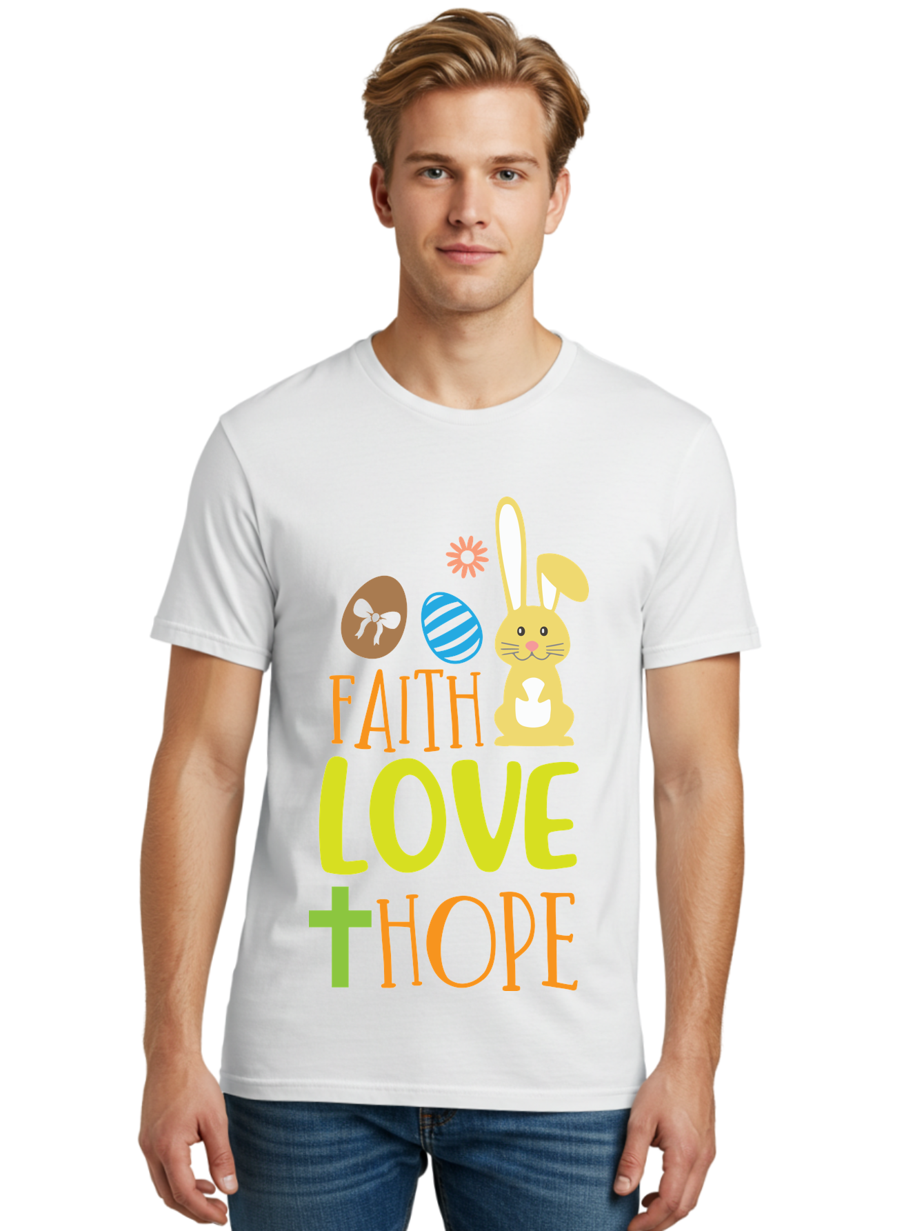 Faith-Love-Hope Men'S Graphic Tee, 100% Cotton, Comfortable Casual Summer Wear, Machine Washable, Easter Bunny, Faith Love Hope, Easter Eggs, Christian Symbolism, Inspirational Quote, Spring Theme, Pastel Colors, Holiday Design Aac703 22