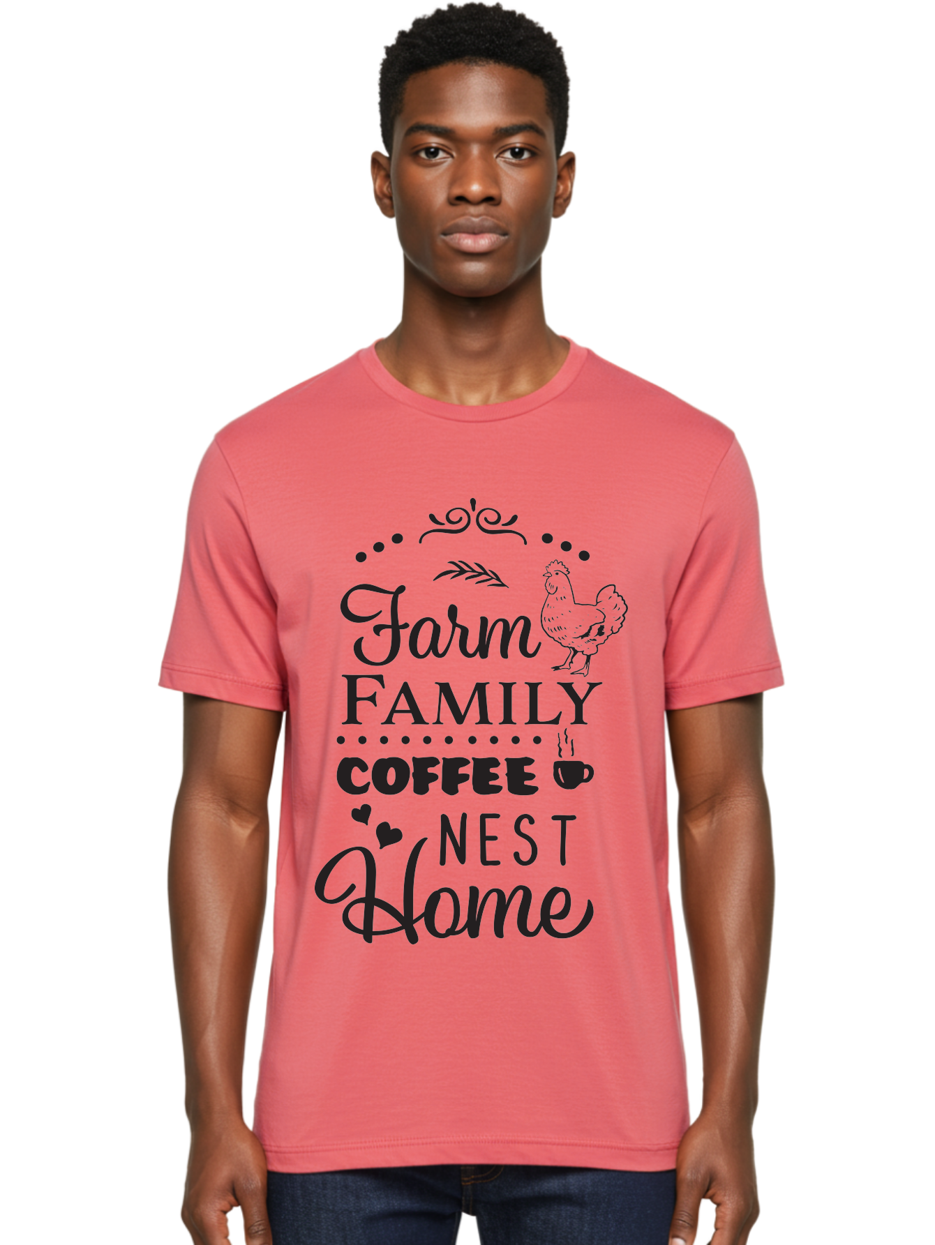 Farm-Family-Coffee-Nest-Home Men'S Graphic Tee, 100% Cotton, Comfortable Casual Summer Wear, Machine Washable, Farmhouse Decor, Family Love, Coffee Lovers, Cozy Home, Chicken Theme, Rustic Charm, Home Sweet Home, Farm Fresh Aac707 18