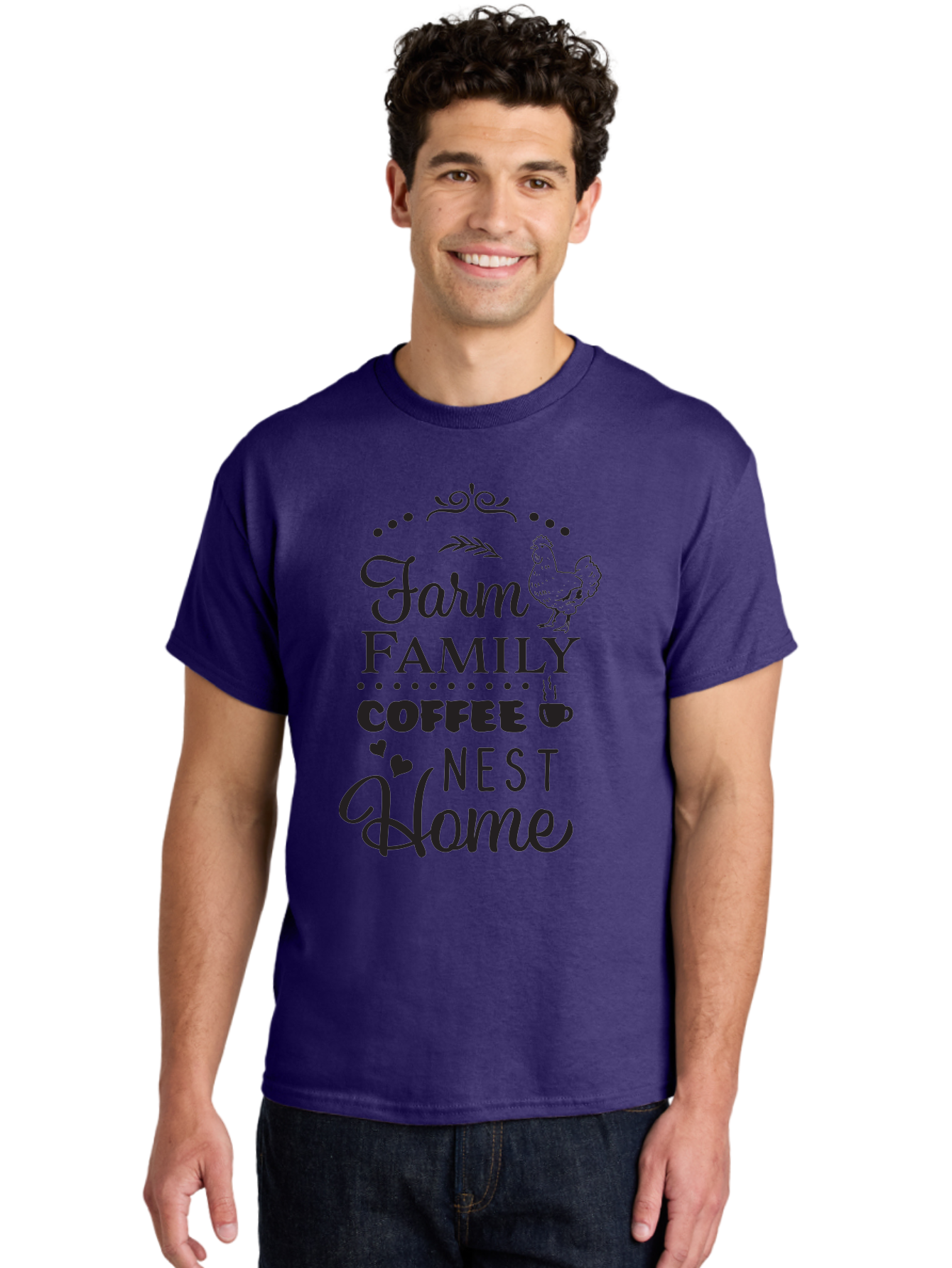 Farm-Family-Coffee-Nest-Home Men'S Graphic Tee, 100% Cotton, Comfortable Casual Summer Wear, Machine Washable, Farmhouse Decor, Family Love, Coffee Lovers, Cozy Home, Chicken Theme, Rustic Charm, Home Sweet Home, Farm Fresh Aac707 24