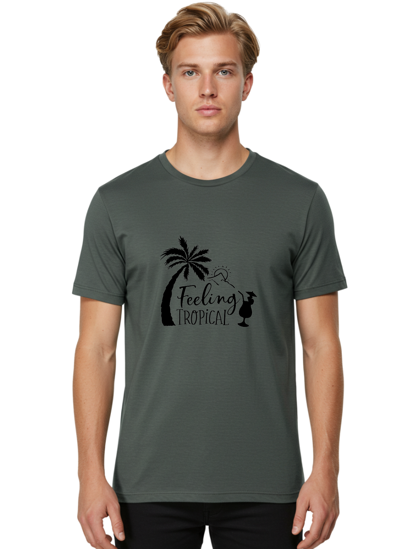 Feeling-Tropical Men'S Graphic Tee, 100% Cotton, Comfortable Casual Summer Wear, Machine Washable, Tropical Getaway, Palm Tree, Cocktail, Summer Vibes, Vacation Mode, Sun, Fun, Relaxation, Beach Life, Tropical Drinks Aac714 24