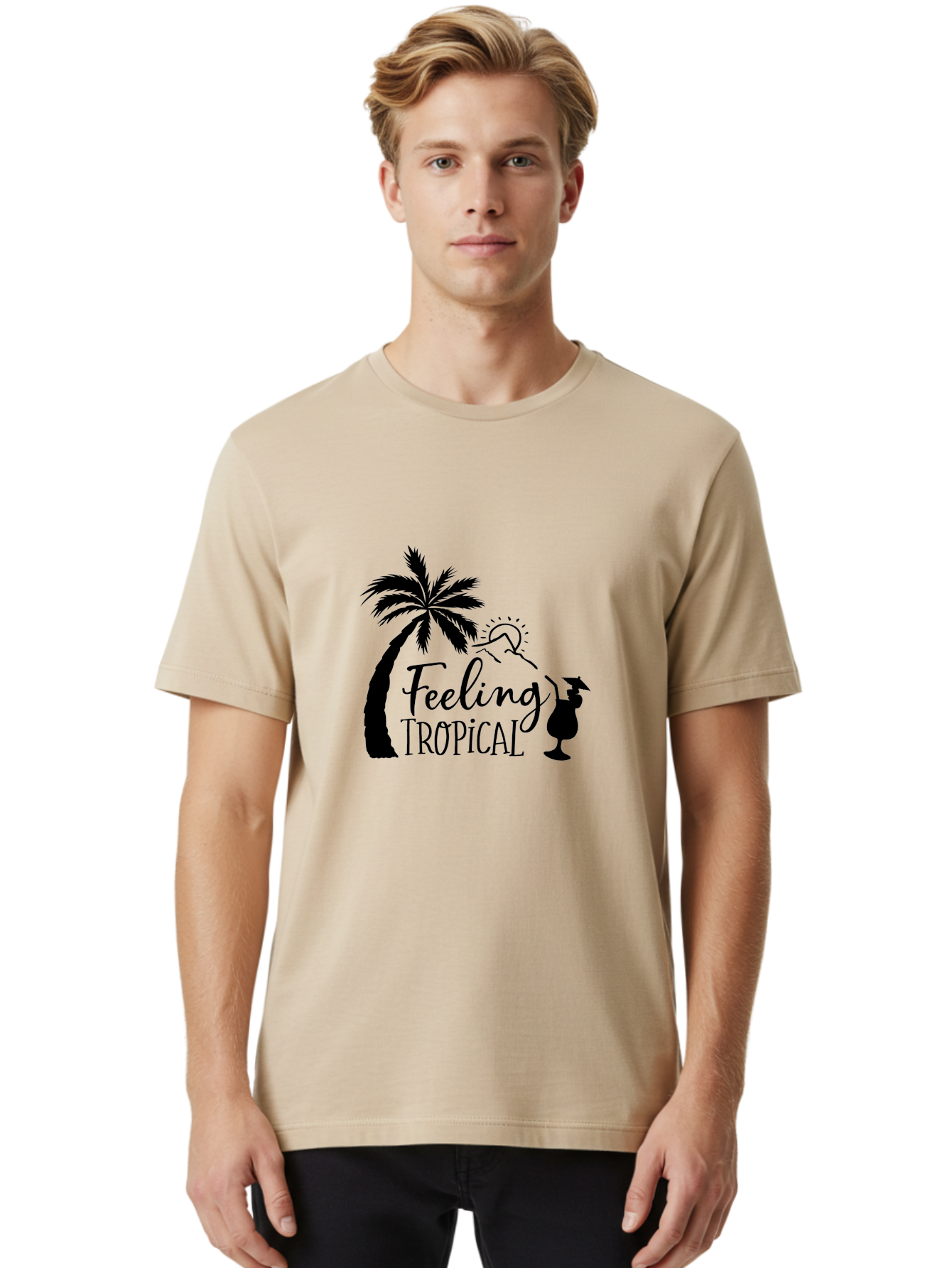 Feeling-Tropical Men'S Graphic Tee, 100% Cotton, Comfortable Casual Summer Wear, Machine Washable, Tropical Getaway, Palm Tree, Cocktail, Summer Vibes, Vacation Mode, Sun, Fun, Relaxation, Beach Life, Tropical Drinks Aac714 26