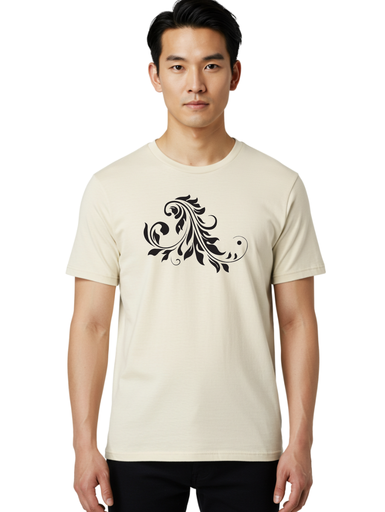 Floral-Design-1 Men'S Graphic Tee, 100% Cotton, Comfortable Casual Summer Wear, Machine Washable, Floral Design, Leafy Pattern, Curved Shapes, Decorative Art, Swirling Leaves, Elegant Design, Intricate Pattern, Black Silhouette Aac721 24