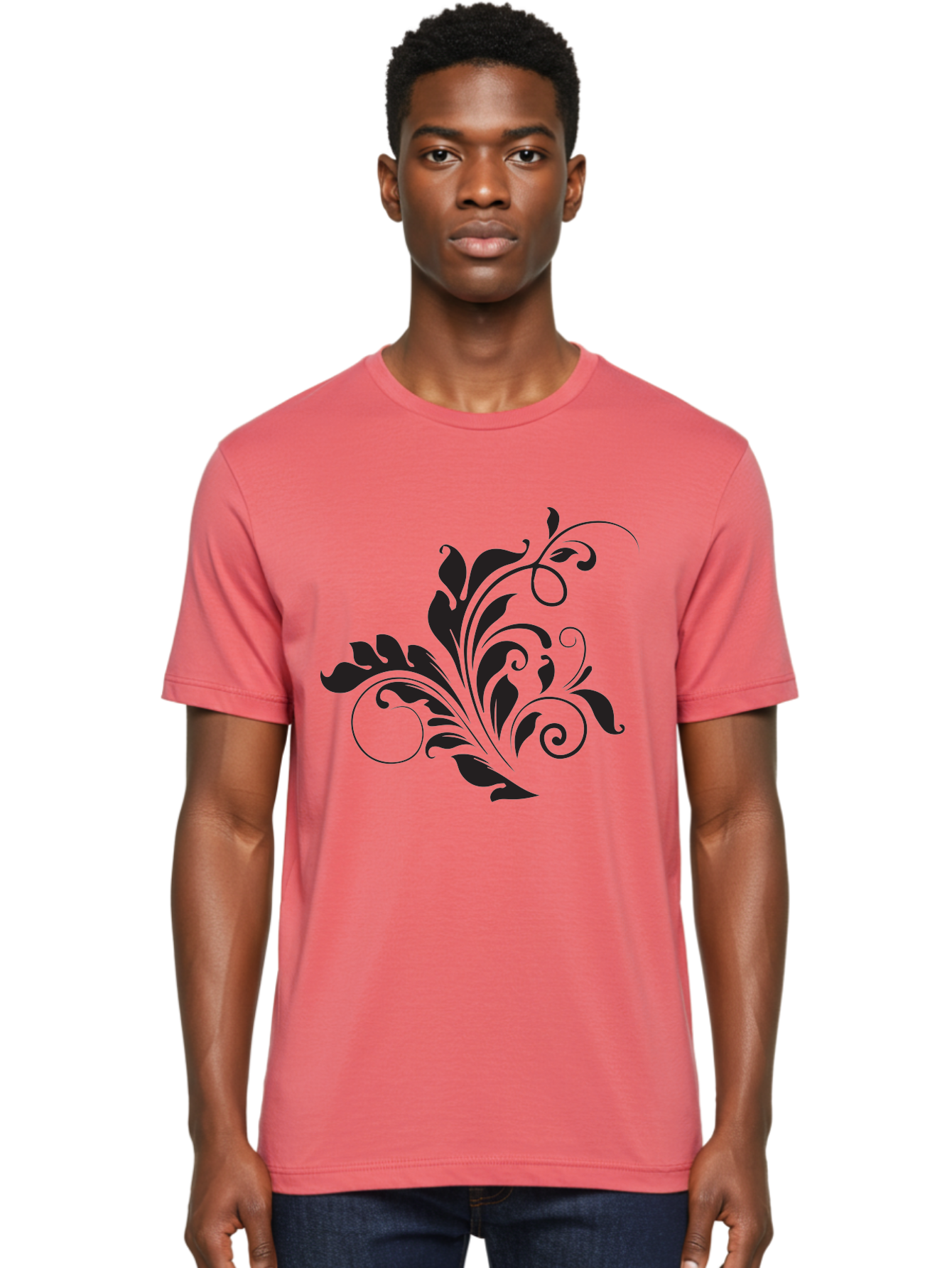 Floral-Design-2 Men'S Graphic Tee, 100% Cotton, Comfortable Casual Summer Wear, Machine Washable, Floral Ornament, Black Silhouettes, Elegant Design, Curved Lines, Abstract Art, Leafy Motif, Decorative Element, Luxury Feel, Intricate Details Aac722 14