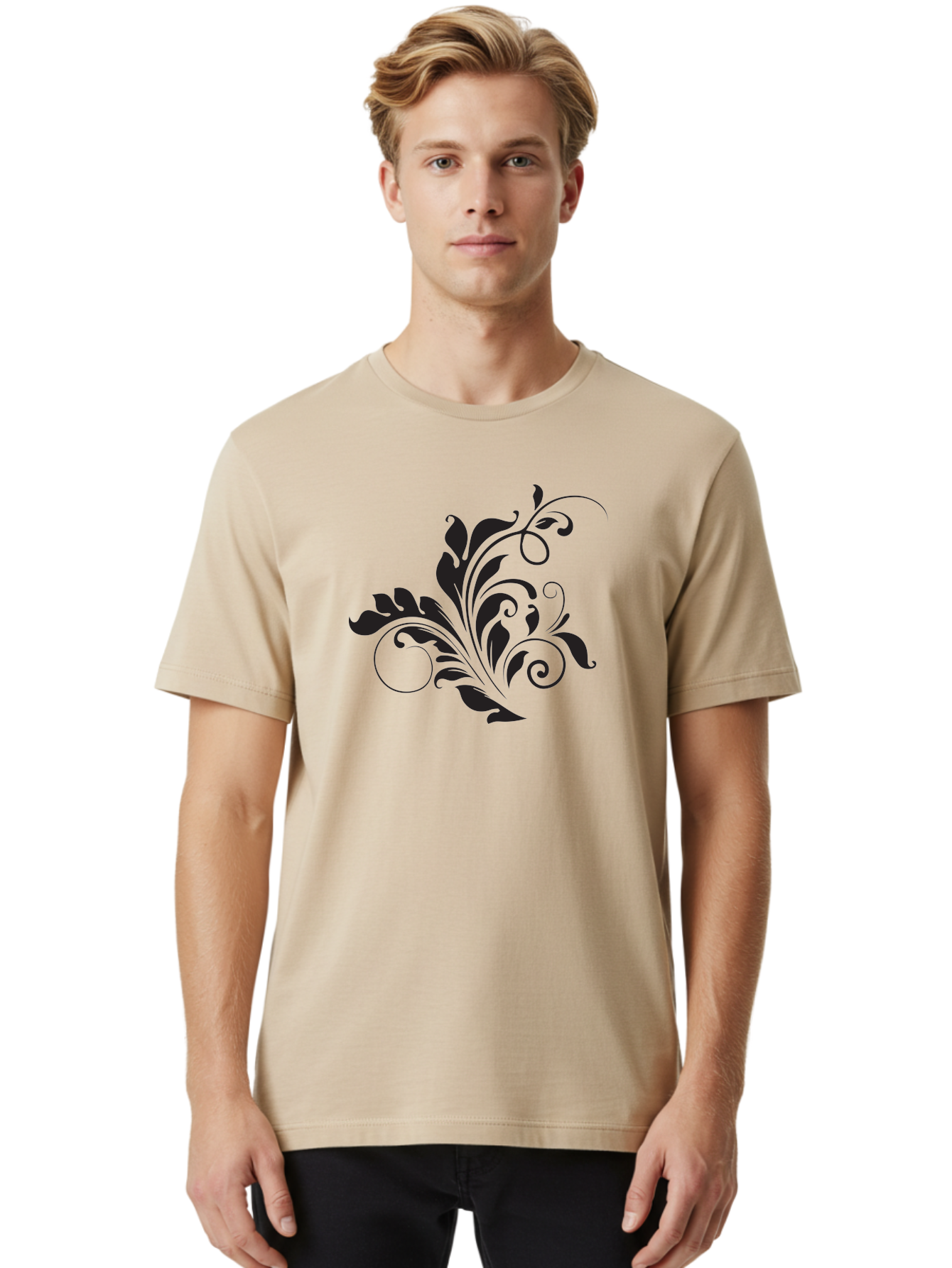 Floral-Design-2 Men'S Graphic Tee, 100% Cotton, Comfortable Casual Summer Wear, Machine Washable, Floral Ornament, Black Silhouettes, Elegant Design, Curved Lines, Abstract Art, Leafy Motif, Decorative Element, Luxury Feel, Intricate Details Aac722 28