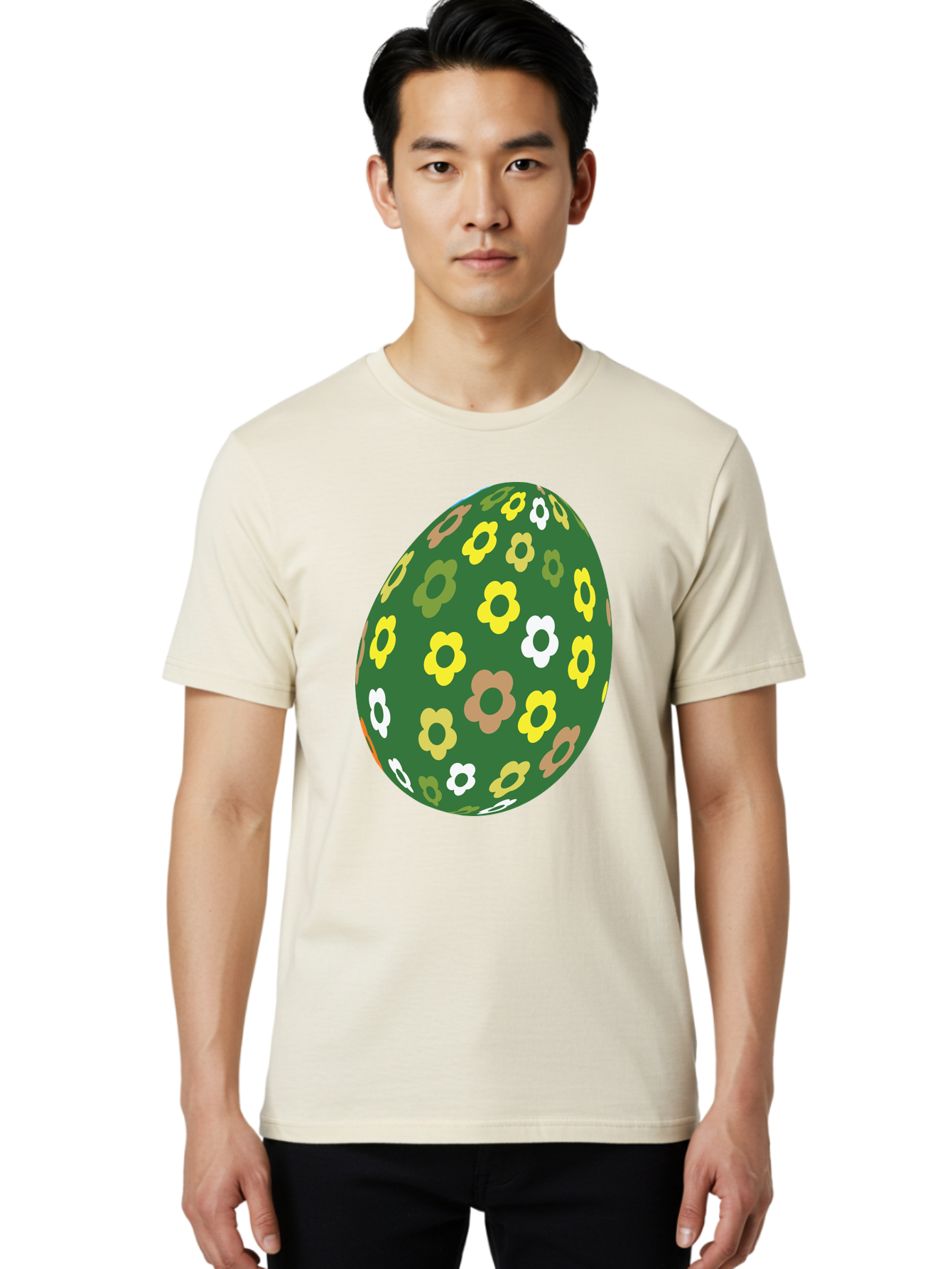Floral-Easter-Egg-2 Men'S Graphic Tee, 100% Cotton, Comfortable Casual Summer Wear, Machine Washable, Easter Egg, Floral Pattern, Yellow Flowers, White Flowers, Green Egg, Easter Decoration, Spring Theme, Festive Design, Colorful Graphic, Aac726 18