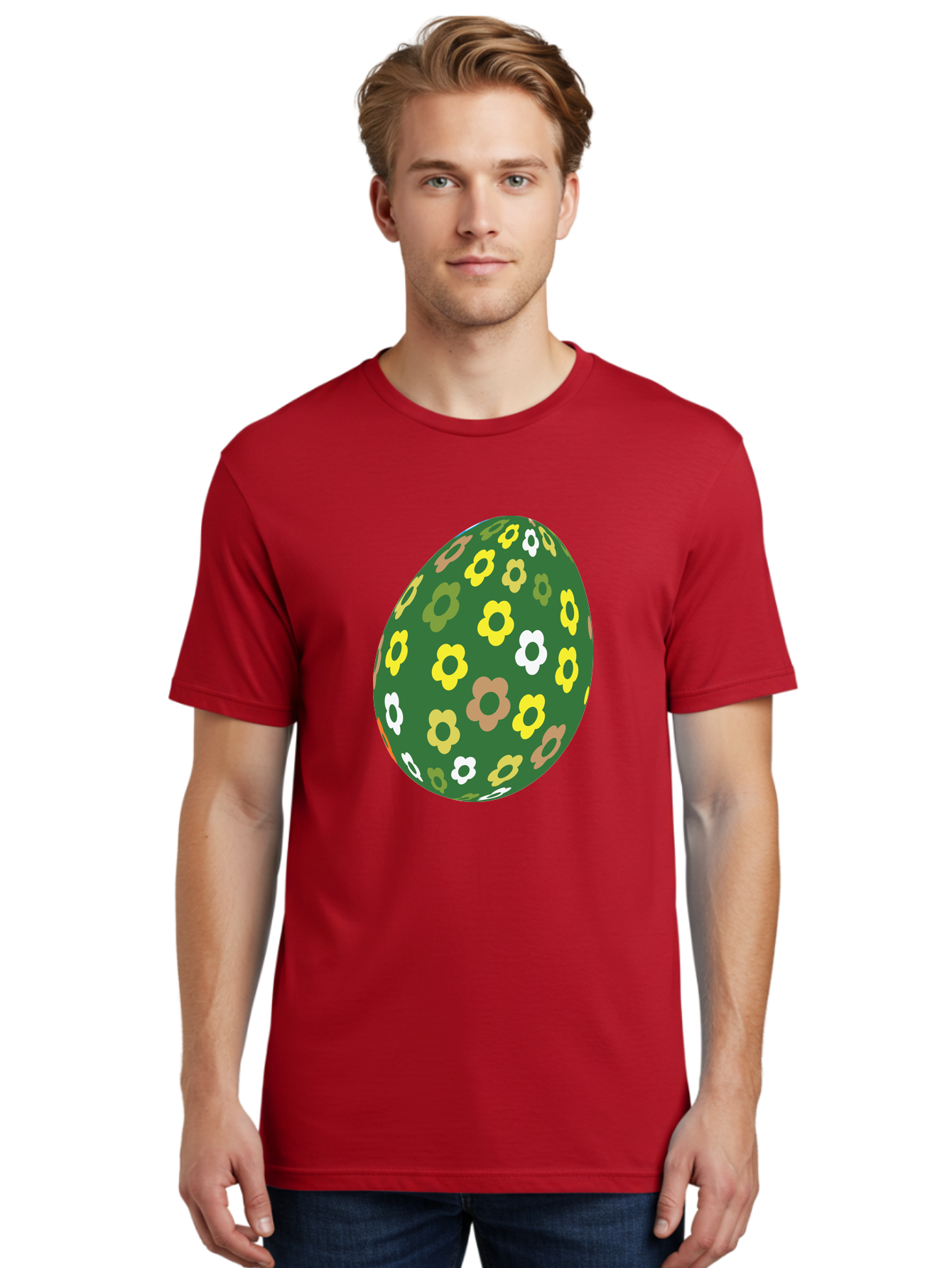 Floral-Easter-Egg-2 Men'S Graphic Tee, 100% Cotton, Comfortable Casual Summer Wear, Machine Washable, Easter Egg, Floral Pattern, Yellow Flowers, White Flowers, Green Egg, Easter Decoration, Spring Theme, Festive Design, Colorful Graphic, Aac726 12