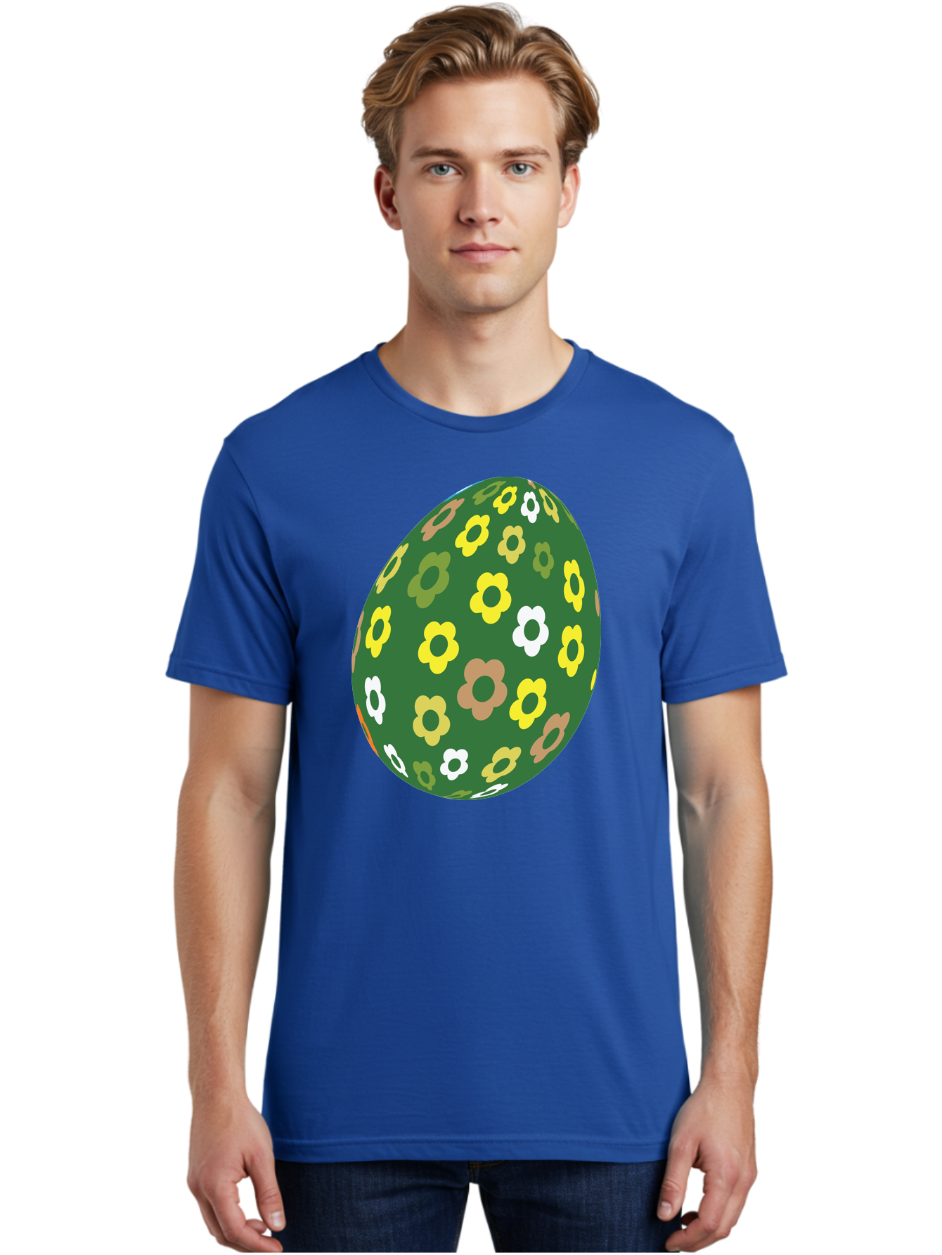Floral-Easter-Egg-2 Men'S Graphic Tee, 100% Cotton, Comfortable Casual Summer Wear, Machine Washable, Easter Egg, Floral Pattern, Yellow Flowers, White Flowers, Green Egg, Easter Decoration, Spring Theme, Festive Design, Colorful Graphic, Aac726 2