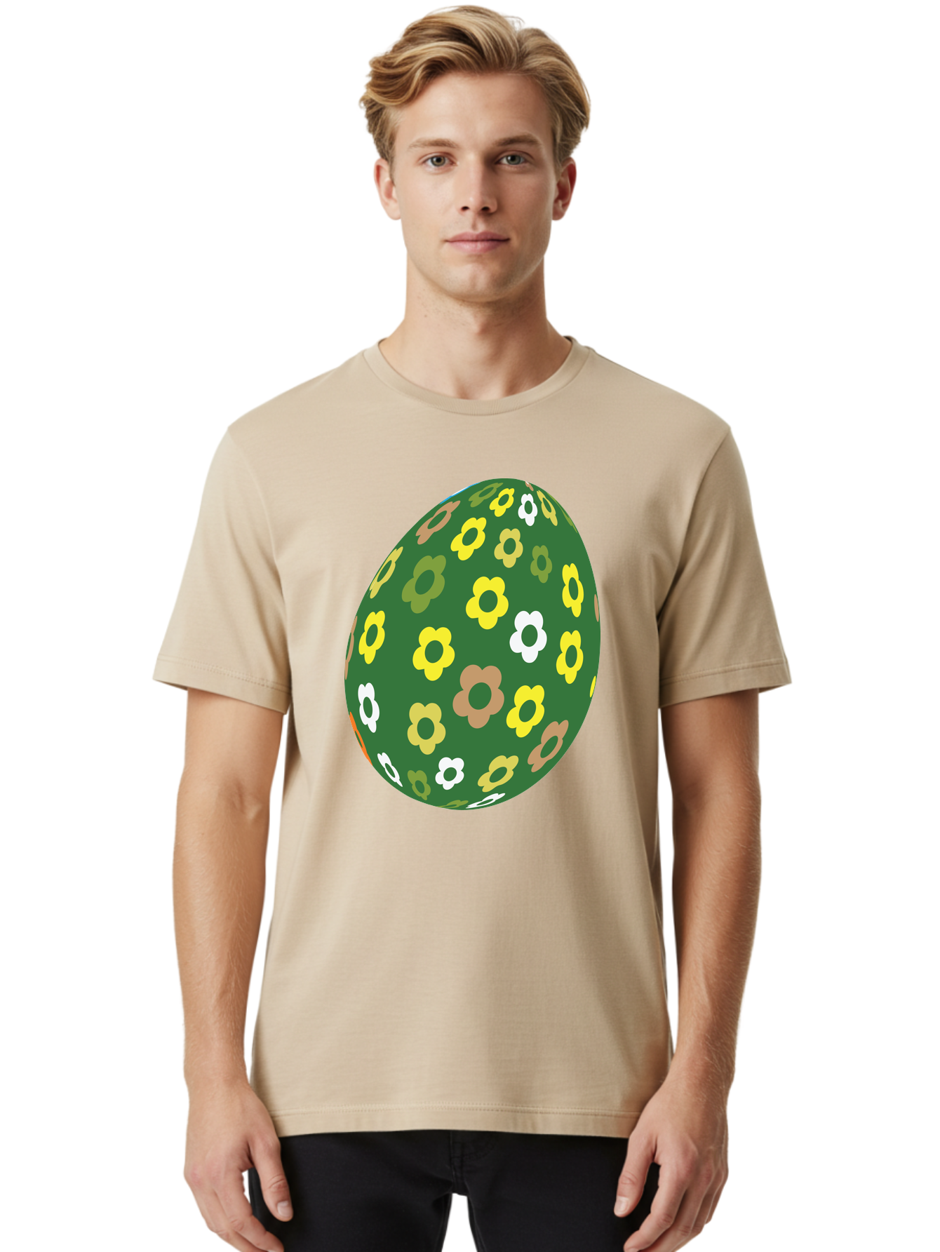 Floral-Easter-Egg-2 Men'S Graphic Tee, 100% Cotton, Comfortable Casual Summer Wear, Machine Washable, Easter Egg, Floral Pattern, Yellow Flowers, White Flowers, Green Egg, Easter Decoration, Spring Theme, Festive Design, Colorful Graphic, Aac726 6