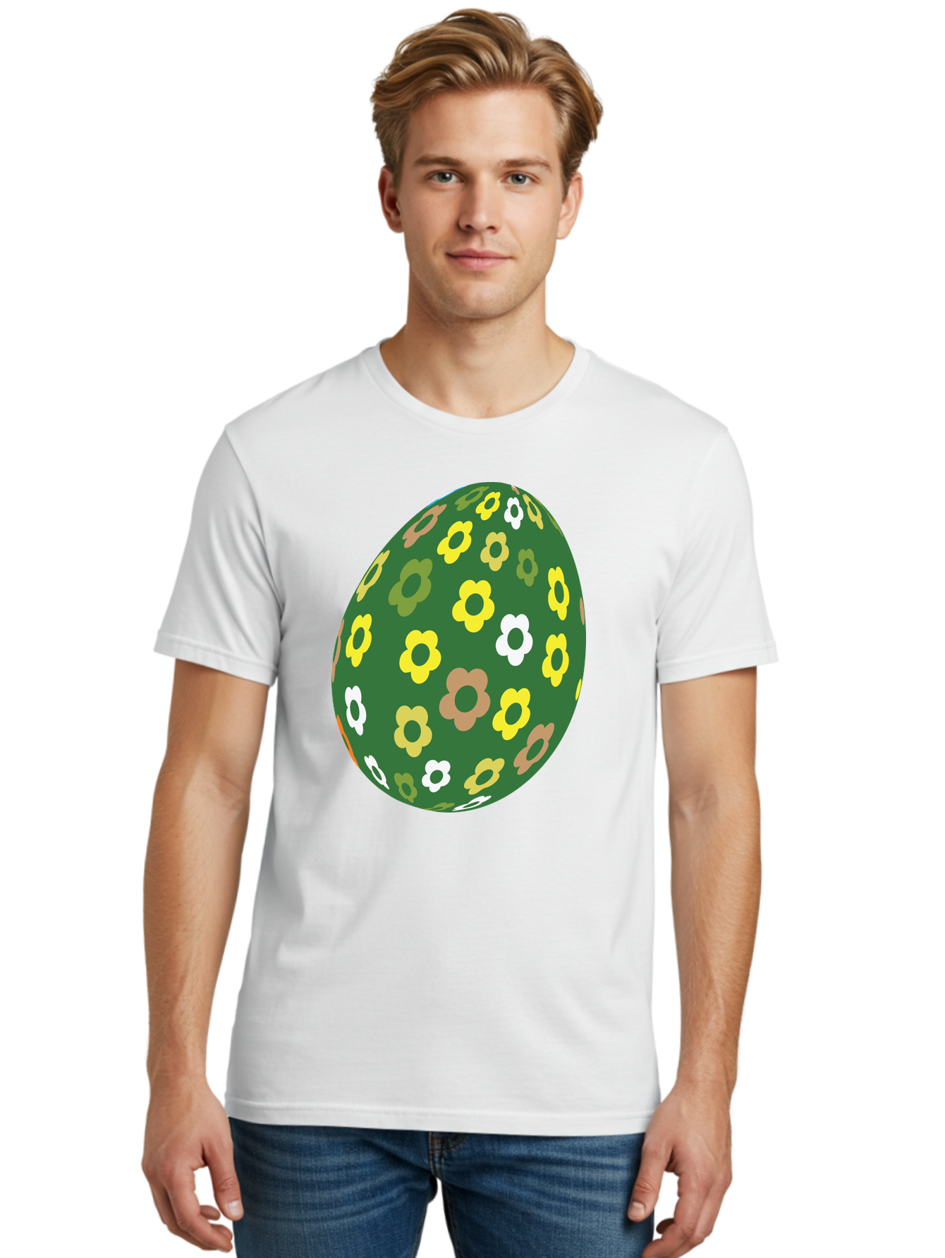 Floral-Easter-Egg-2 Men'S Graphic Tee, 100% Cotton, Comfortable Casual Summer Wear, Machine Washable, Easter Egg, Floral Pattern, Yellow Flowers, White Flowers, Green Egg, Easter Decoration, Spring Theme, Festive Design, Colorful Graphic, Aac726 20