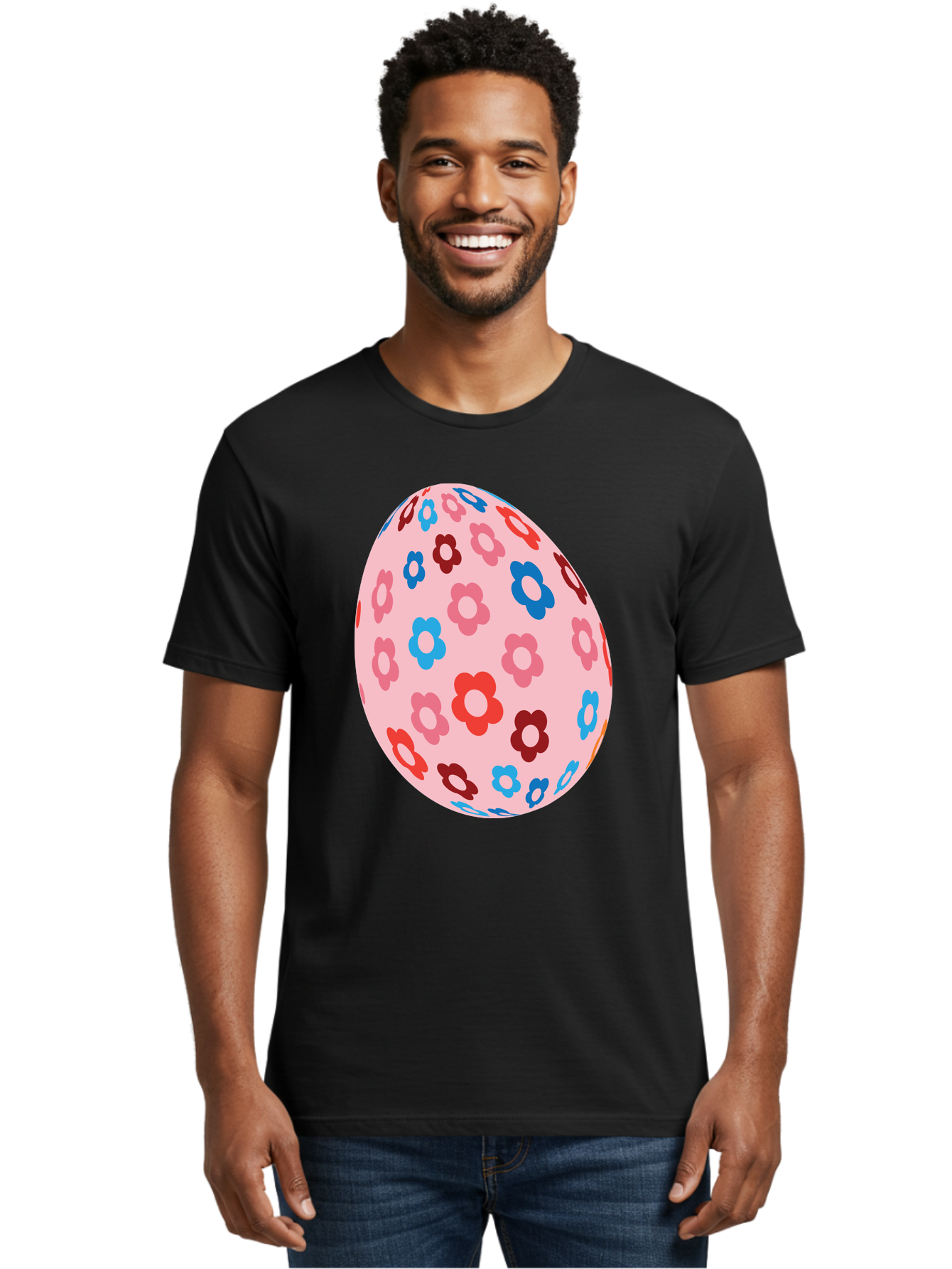Floral-Egg-2 Men'S Graphic Tee, 100% Cotton, Comfortable Casual Summer Wear, Machine Washable, Easter Egg, Floral Pattern, Pink Background, Red Flowers, Blue Flowers, Colorful Design, Spring Theme, Easter Decoration, Digital Illustration, Aac730 26
