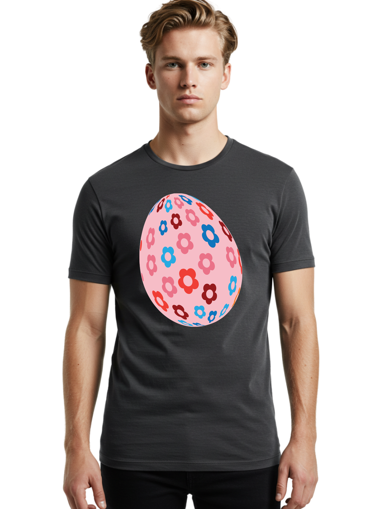 Floral-Egg-2 Men'S Graphic Tee, 100% Cotton, Comfortable Casual Summer Wear, Machine Washable, Easter Egg, Floral Pattern, Pink Background, Red Flowers, Blue Flowers, Colorful Design, Spring Theme, Easter Decoration, Digital Illustration, Aac730 16