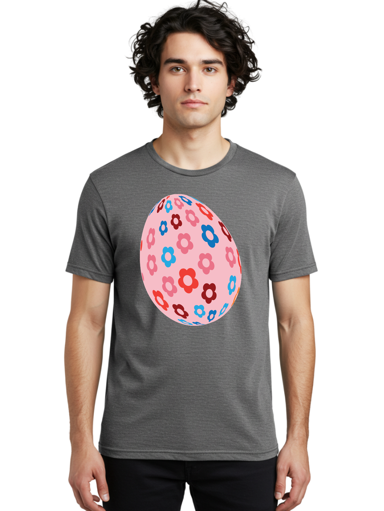 Floral-Egg-2 Men'S Graphic Tee, 100% Cotton, Comfortable Casual Summer Wear, Machine Washable, Easter Egg, Floral Pattern, Pink Background, Red Flowers, Blue Flowers, Colorful Design, Spring Theme, Easter Decoration, Digital Illustration, Aac730 4