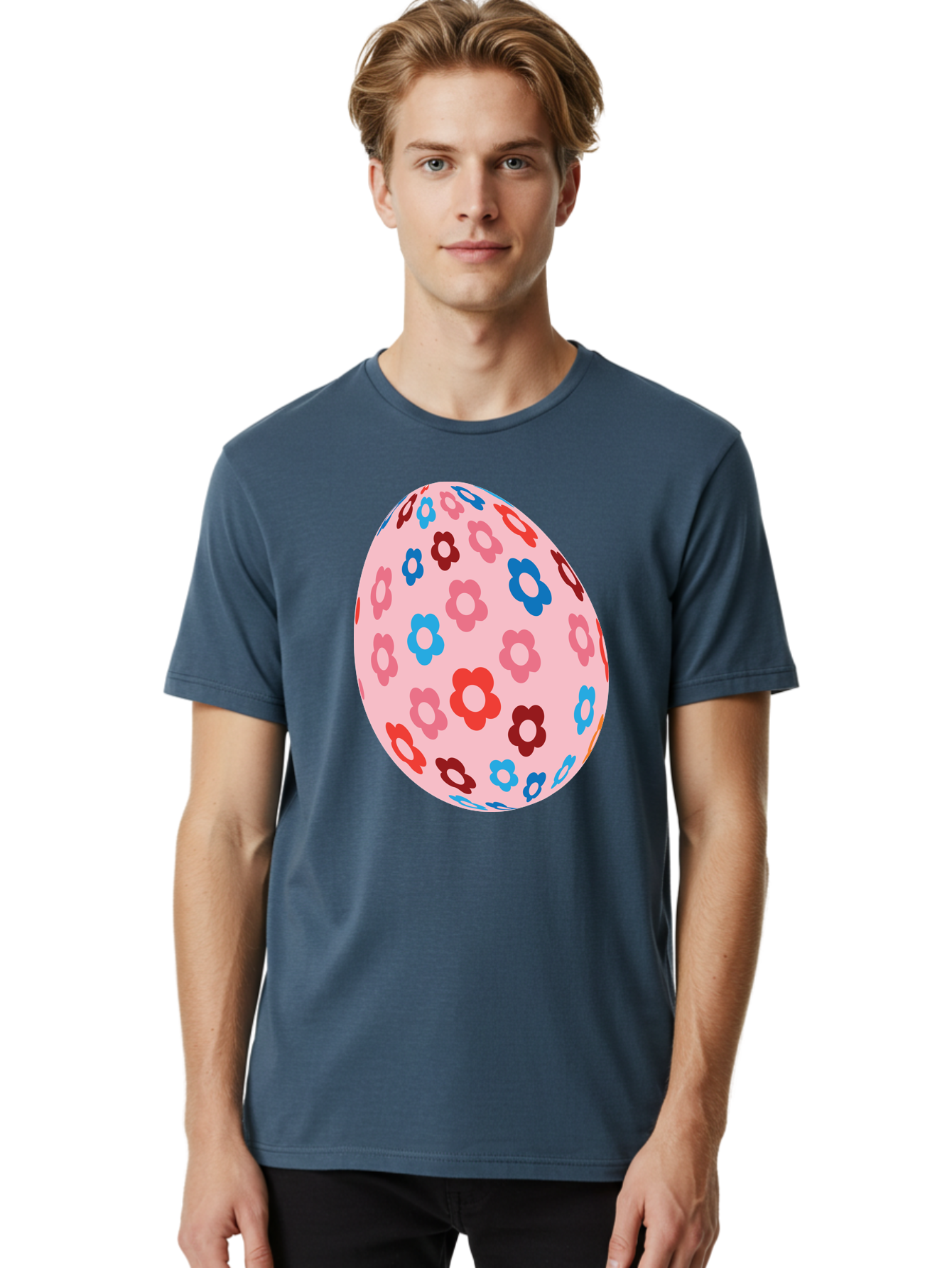 Floral-Egg-2 Men'S Graphic Tee, 100% Cotton, Comfortable Casual Summer Wear, Machine Washable, Easter Egg, Floral Pattern, Pink Background, Red Flowers, Blue Flowers, Colorful Design, Spring Theme, Easter Decoration, Digital Illustration, Aac730 18