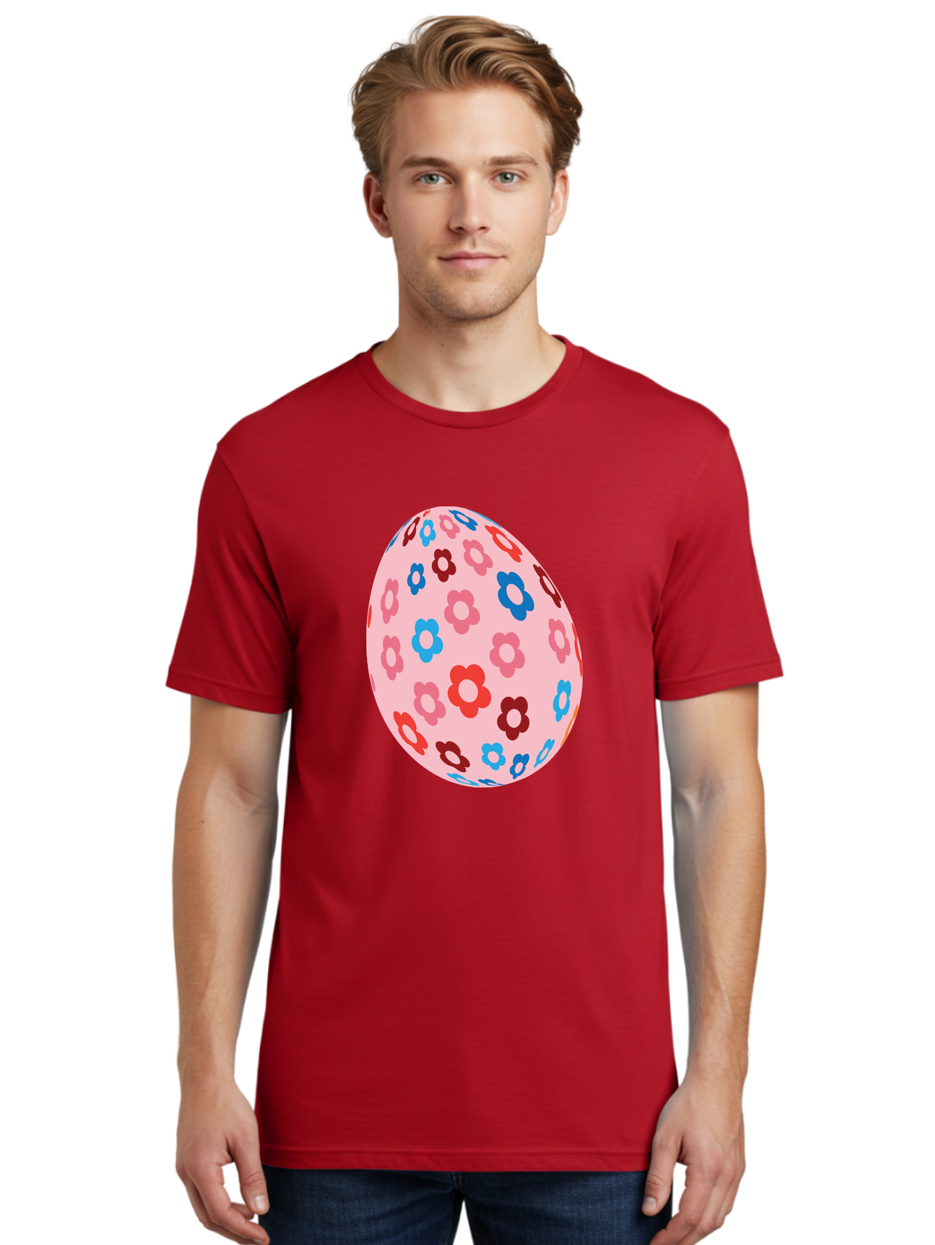 Floral-Egg-2 Men'S Graphic Tee, 100% Cotton, Comfortable Casual Summer Wear, Machine Washable, Easter Egg, Floral Pattern, Pink Background, Red Flowers, Blue Flowers, Colorful Design, Spring Theme, Easter Decoration, Digital Illustration, Aac730 12