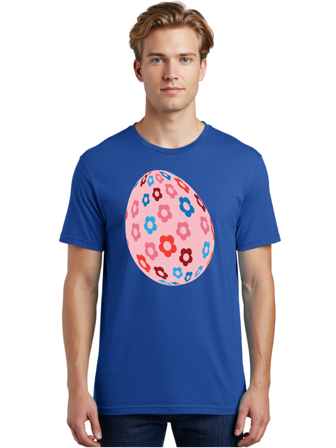 Floral-Egg-2 Men'S Graphic Tee, 100% Cotton, Comfortable Casual Summer Wear, Machine Washable, Easter Egg, Floral Pattern, Pink Background, Red Flowers, Blue Flowers, Colorful Design, Spring Theme, Easter Decoration, Digital Illustration, Aac730 22