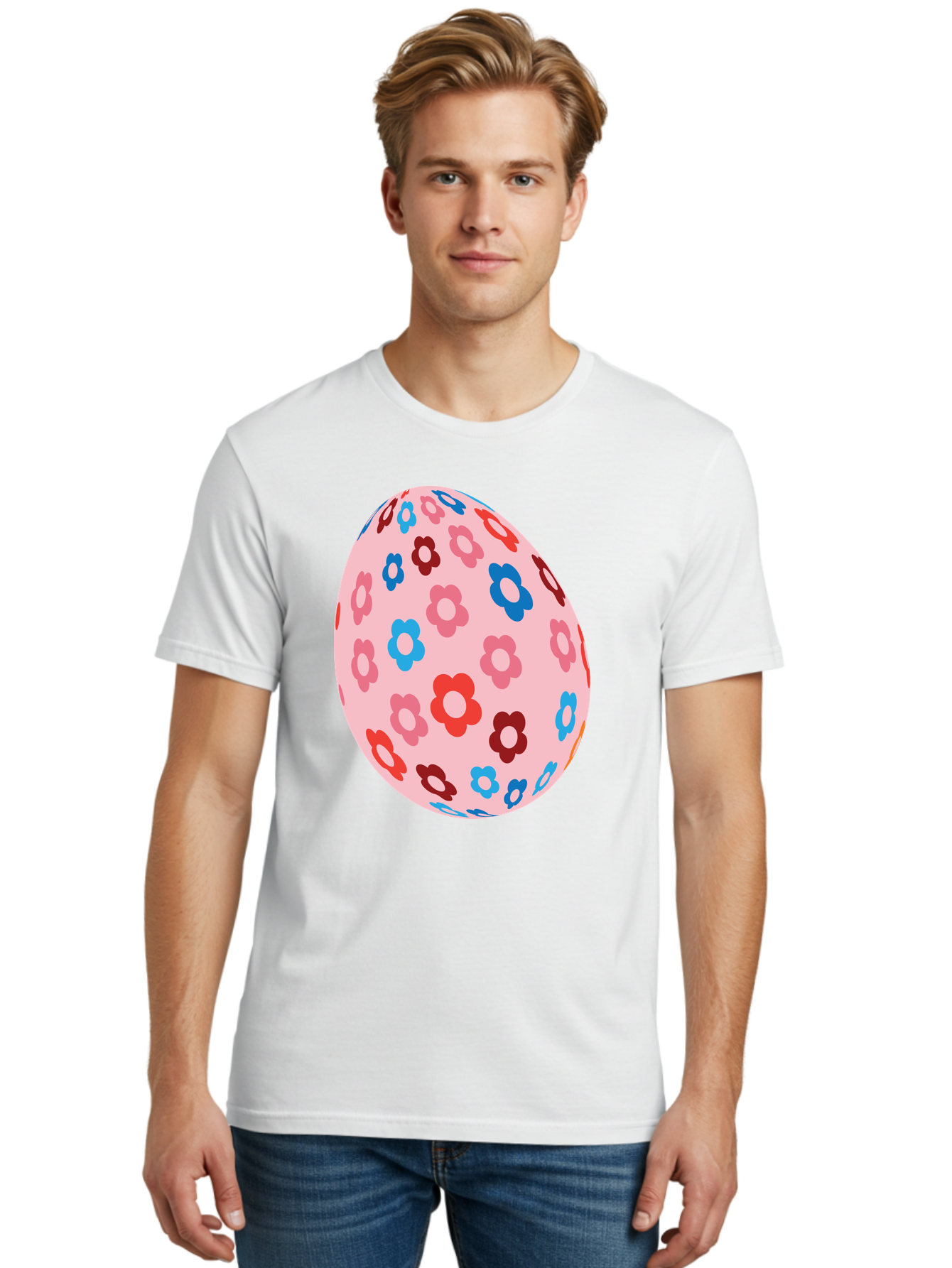 Floral-Egg-2 Men'S Graphic Tee, 100% Cotton, Comfortable Casual Summer Wear, Machine Washable, Easter Egg, Floral Pattern, Pink Background, Red Flowers, Blue Flowers, Colorful Design, Spring Theme, Easter Decoration, Digital Illustration, Aac730 2