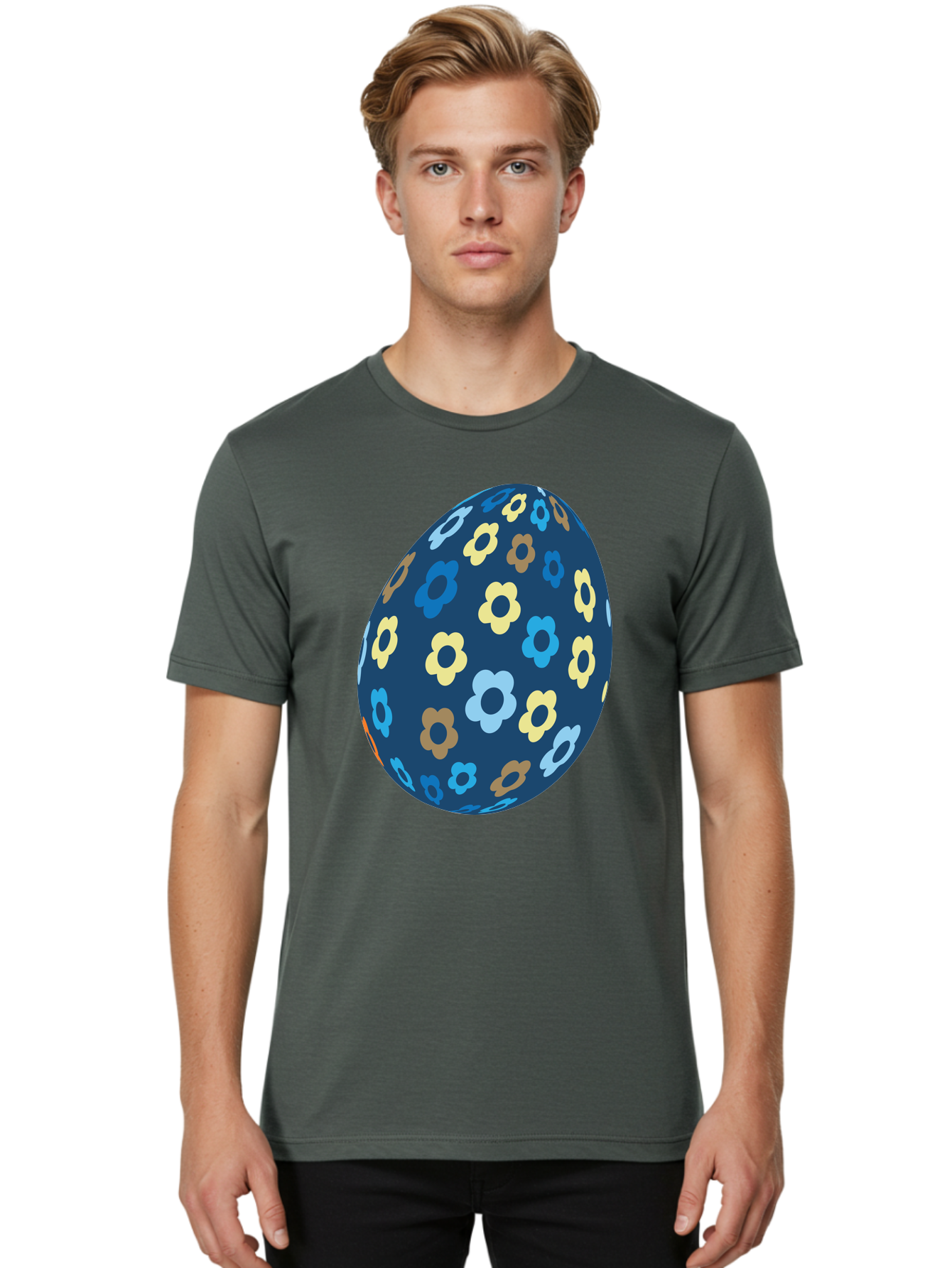 Floral-Egg-3 Men'S Graphic Tee, 100% Cotton, Comfortable Casual Summer Wear, Machine Washable, Easter Egg, Floral Pattern, Pastel Colors, Blue Egg, Yellow Flowers, Brown Flowers, Light Blue Flowers, Spring Theme, Easter Decoration Aac731 22