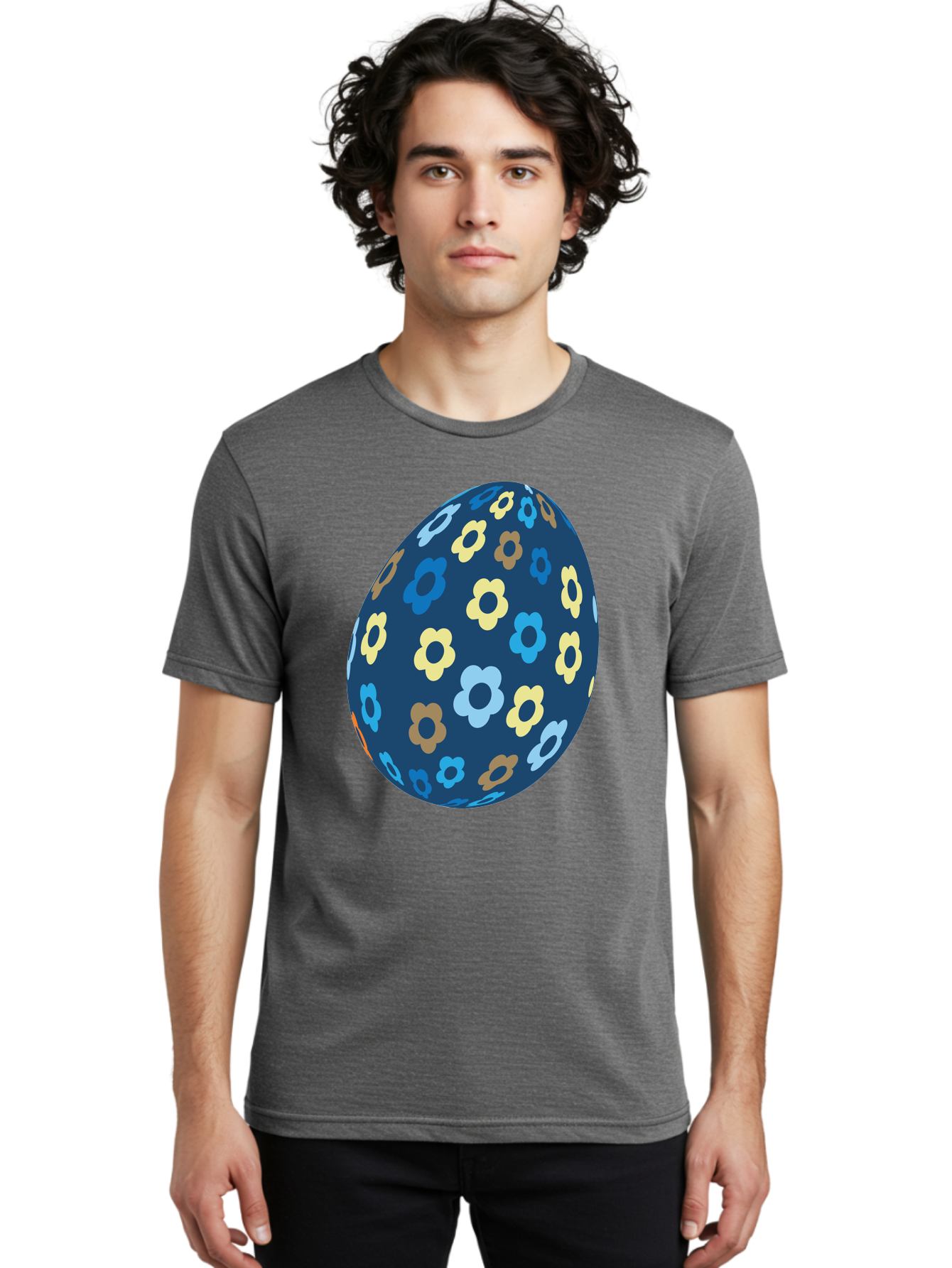 Floral-Egg-3 Men'S Graphic Tee, 100% Cotton, Comfortable Casual Summer Wear, Machine Washable, Easter Egg, Floral Pattern, Pastel Colors, Blue Egg, Yellow Flowers, Brown Flowers, Light Blue Flowers, Spring Theme, Easter Decoration Aac731 24