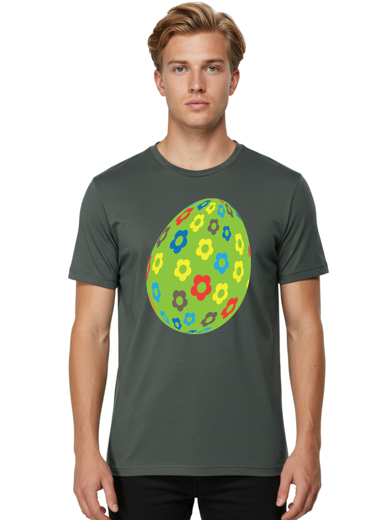Floral-Egg Men'S Graphic Tee, 100% Cotton, Comfortable Casual Summer Wear, Machine Washable, Decorated Egg, Floral Pattern, Colorful Flowers, Easter Egg Decoration, Spring Theme, Festive Design, Cartoon Style, Red, Blue, Yellow, Purple Flowers Aac732 28