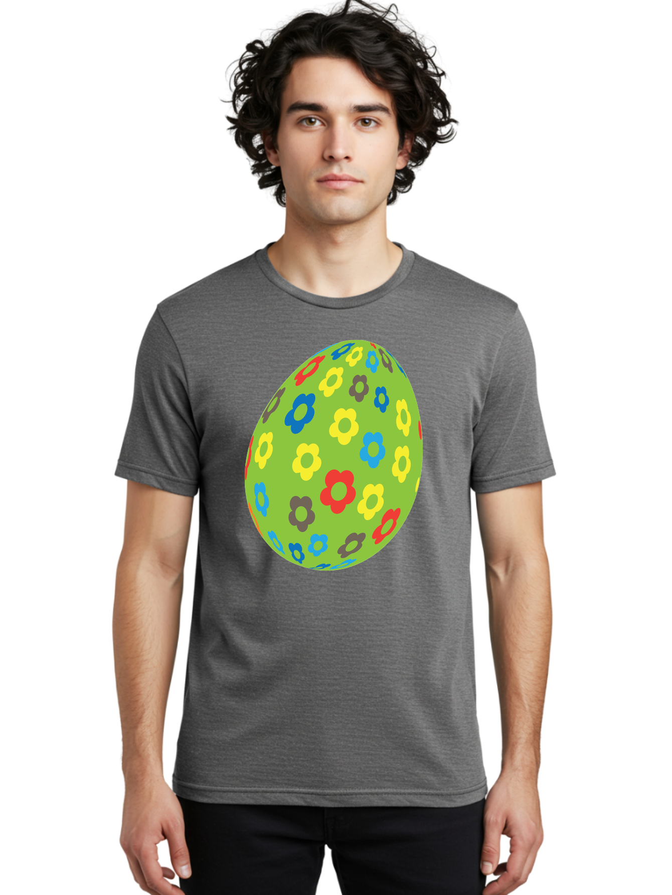 Floral-Egg Men'S Graphic Tee, 100% Cotton, Comfortable Casual Summer Wear, Machine Washable, Decorated Egg, Floral Pattern, Colorful Flowers, Easter Egg Decoration, Spring Theme, Festive Design, Cartoon Style, Red, Blue, Yellow, Purple Flowers Aac732 8