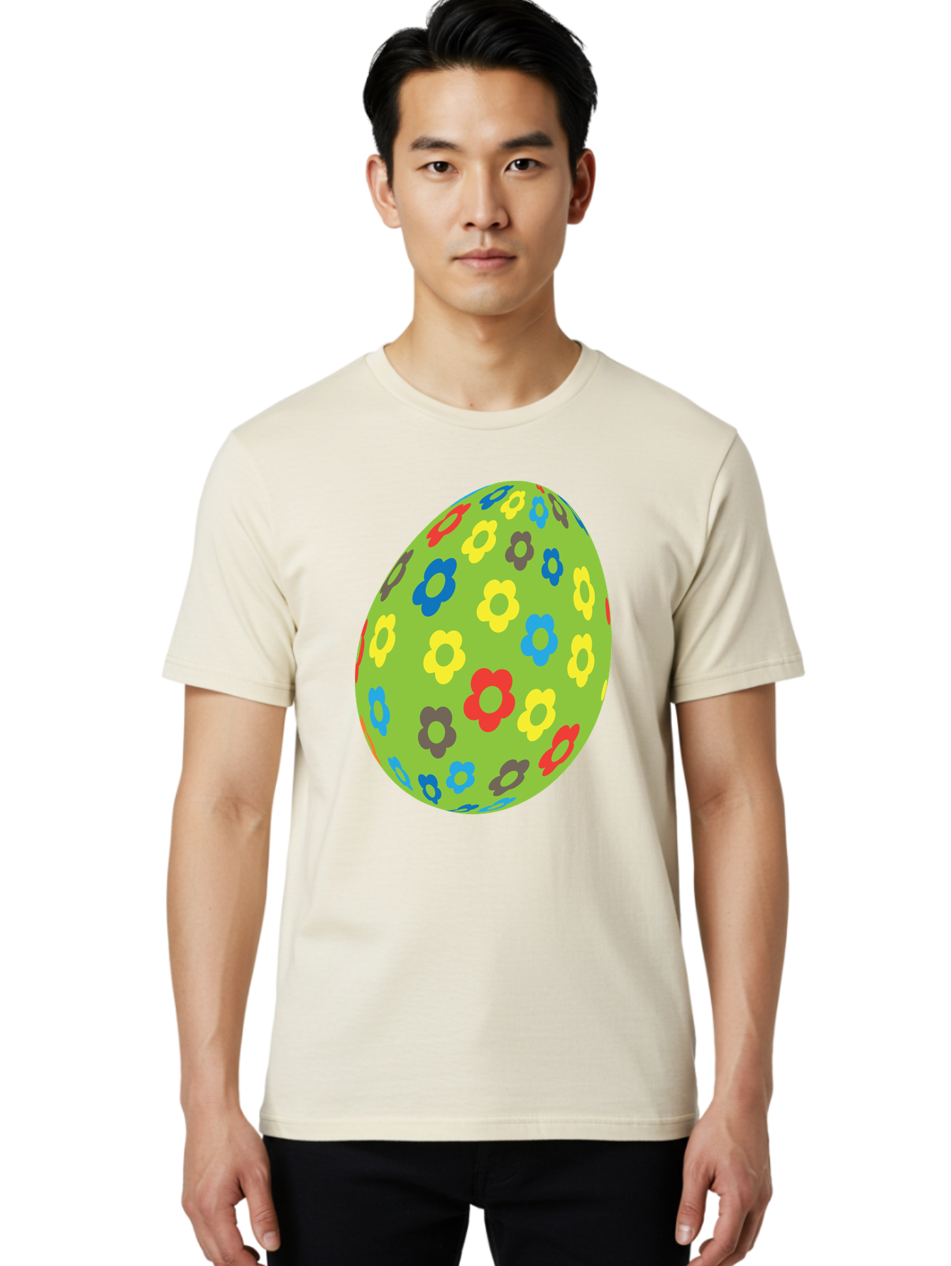 Floral-Egg Men'S Graphic Tee, 100% Cotton, Comfortable Casual Summer Wear, Machine Washable, Decorated Egg, Floral Pattern, Colorful Flowers, Easter Egg Decoration, Spring Theme, Festive Design, Cartoon Style, Red, Blue, Yellow, Purple Flowers Aac732 26