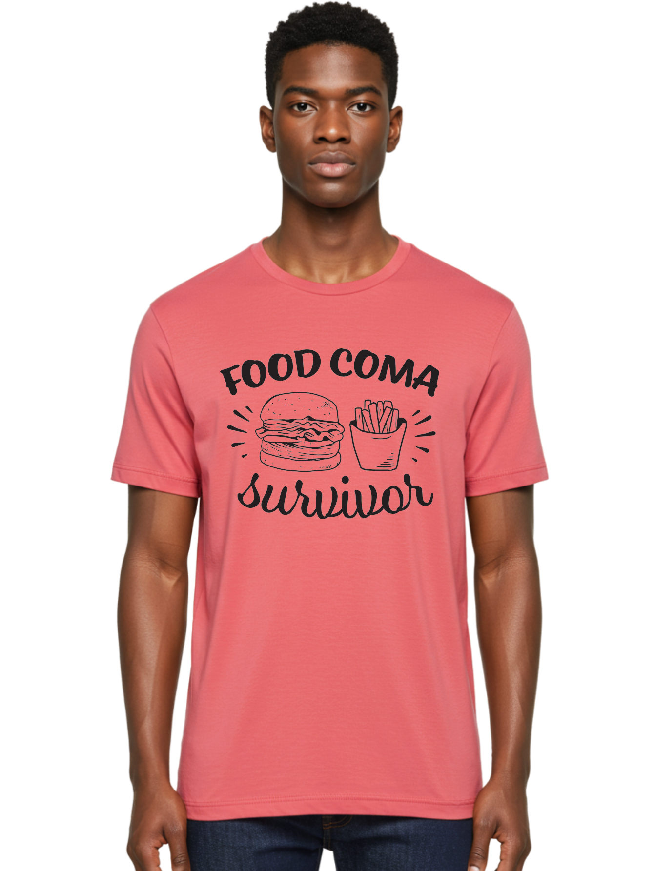 Food-Coma-Survivor Men'S Graphic Tee, 100% Cotton, Comfortable Casual Summer Wear, Machine Washable, Fast Food, Comfort Food, Burger And Fries, Food Coma, Survivor, Funny Quote, Quirky Humor, Foodie Culture, Casual Dining Aac741 12