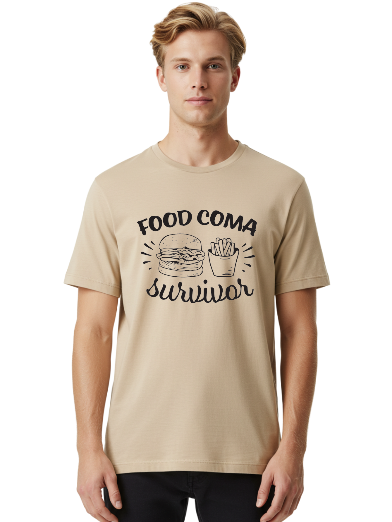 Food-Coma-Survivor Men'S Graphic Tee, 100% Cotton, Comfortable Casual Summer Wear, Machine Washable, Fast Food, Comfort Food, Burger And Fries, Food Coma, Survivor, Funny Quote, Quirky Humor, Foodie Culture, Casual Dining Aac741 14